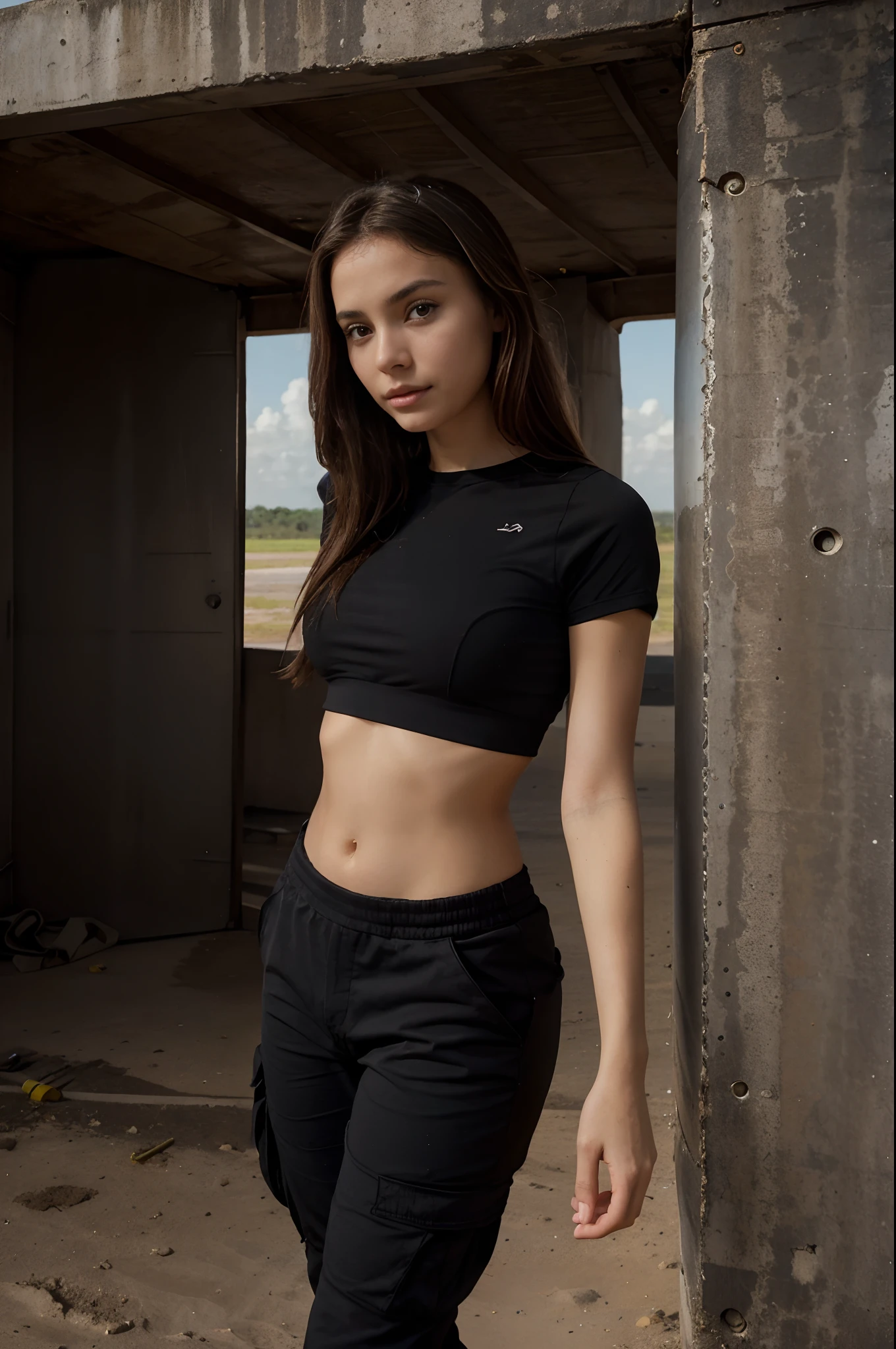 Selfie d'une jolie jeune femme brune de 18 ans, Porter un soutien-gorge noir et un pantalon cargo noir, Background on a rocket launch site in Guyana, Prise de vue avec un appareil photo iPhone
