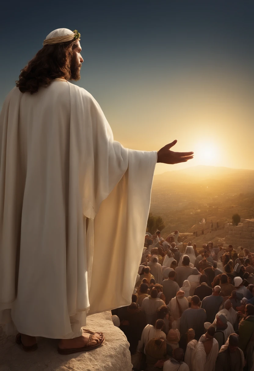 Jesus Negro, vestido com um manto branco, is at the top of the Mount of Olives. He is surrounded by a large crowd of people who have gathered to hear his words. The sun is shining brightly in the clear blue sky, iluminando a cena. As oliveiras, verde e frondoso, Rodeie o Monte, criando uma paisagem deslumbrante. Jesus has his hands raised, Preaching to the crowd. The crowd is silent, escutando atentamente suas palavras.