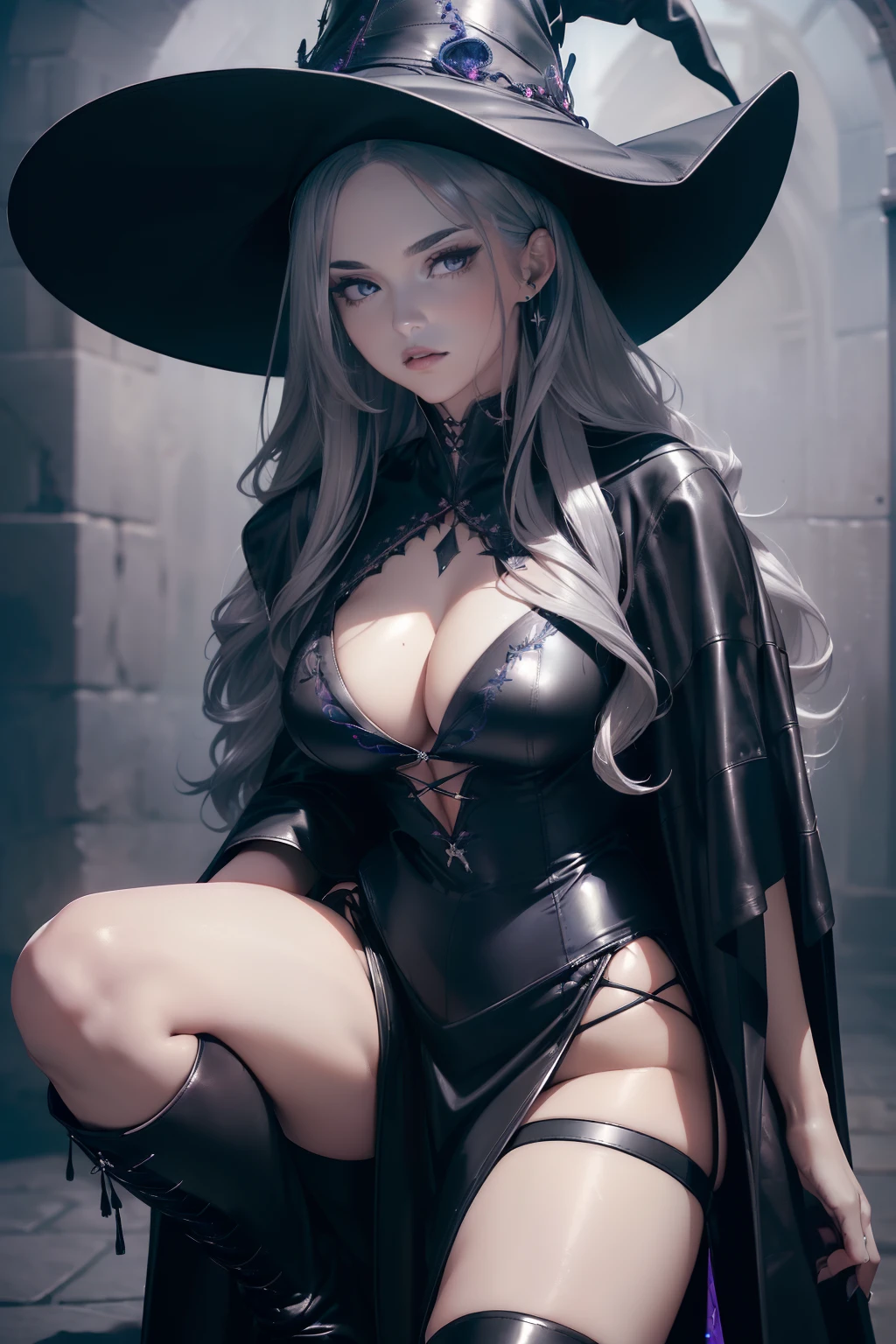 ((masterpiece, best quality, ultra-detailed, ultra-HD, photorealistic, cinematic)), (close-up camera shot:1.2), (sensual pose), (alluring and voluptuous female witch), perfect anatomy, perfect face, large cleavage, proportioned hands, (jet-black hair with subtle blue or purple highlights, cascading in loose waves:1.3), (A dark, flowing witch robe with silver embroidery:1.4), (a black feathered witch hat), (wears and sleek, knee-high black leather witch boot:1.5), (dynamic background)