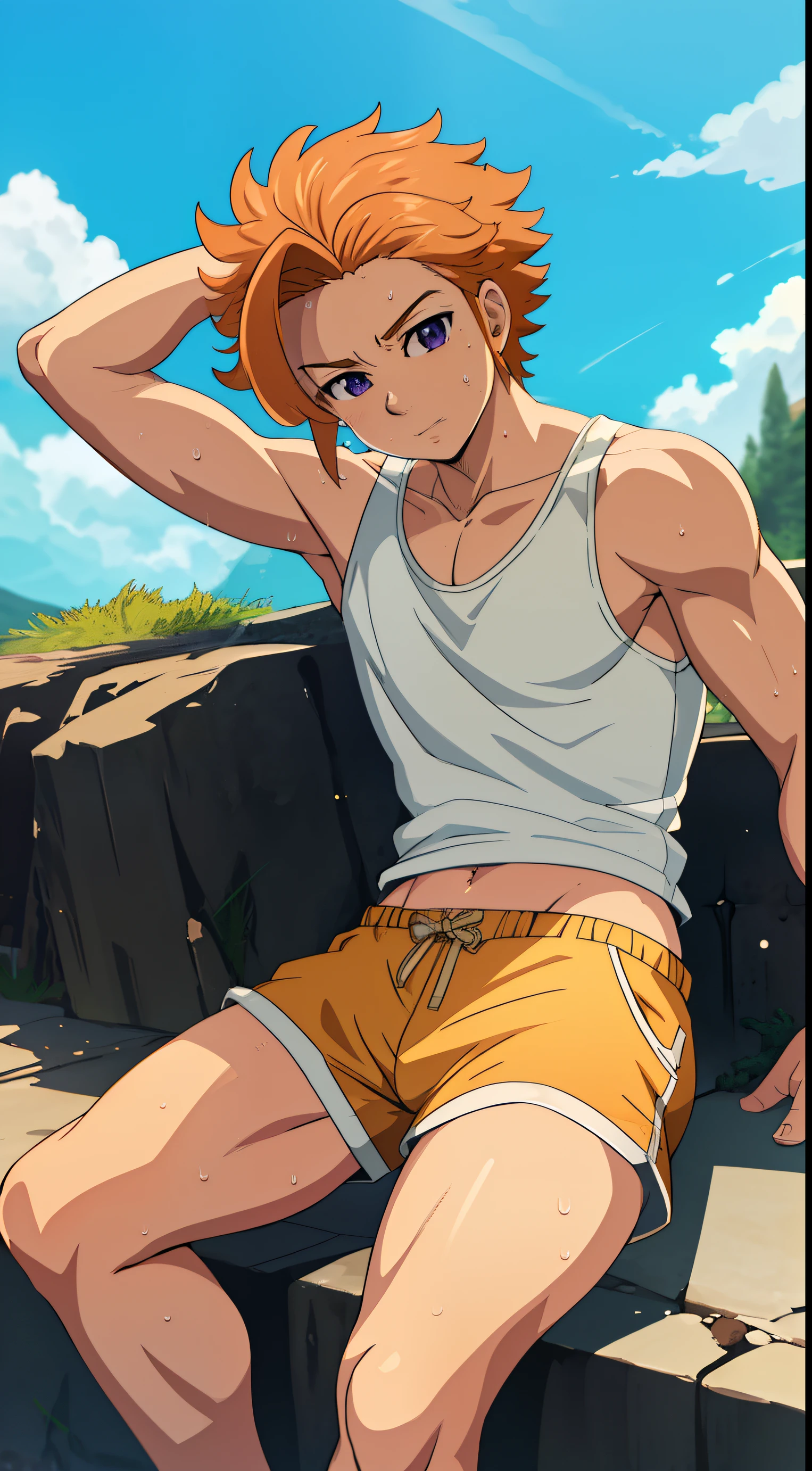 Highres, Masterpiece, Best quality at best,Best Quality,hight quality, hight detailed, Anime style, (boys), 1boy, Arthur Pendragon , (short body), (armpit), summer, hot day, sweat, view from front, tank top, sitting on a  stone