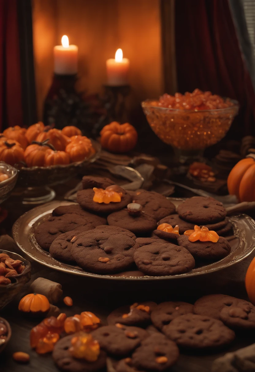 In a close up of a delightfully eerie tableau, a stunning table is adorned with a spooktacular Halloween feast. Plates abound with delectable  treats, from witch's finger cookies, meticulously detailed with wrinkled knuckles and slivered almond fingernails, to round candies that eerily resemble staring eyeballs. A punch bowl brims with crimson liquid, while a chocolate cookie crumb graveyard unfolds nearby, adorned with gummy worms that crawl amid the edible tombstones