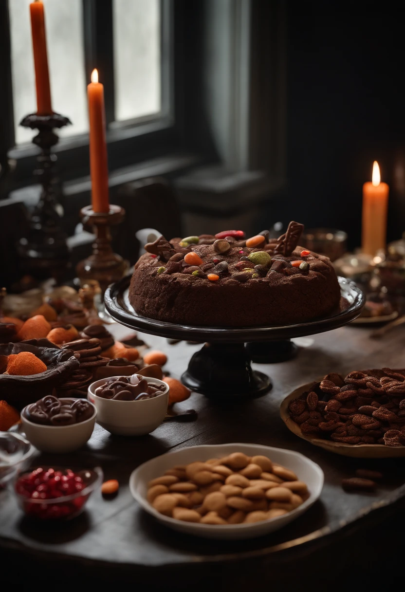 In a close up of a delightfully eerie tableau, a stunning table is adorned with a spooktacular Halloween feast. Plates abound with delectable treats, from witch's finger cookies, meticulously detailed with wrinkled knuckles and slivered almond fingernails, to round candies that eerily resemble staring eyeballs. A punch bowl brims with crimson liquid, while a chocolate cookie crumb graveyard unfolds nearby, adorned with gummy worms that crawl amid the edible tombstones