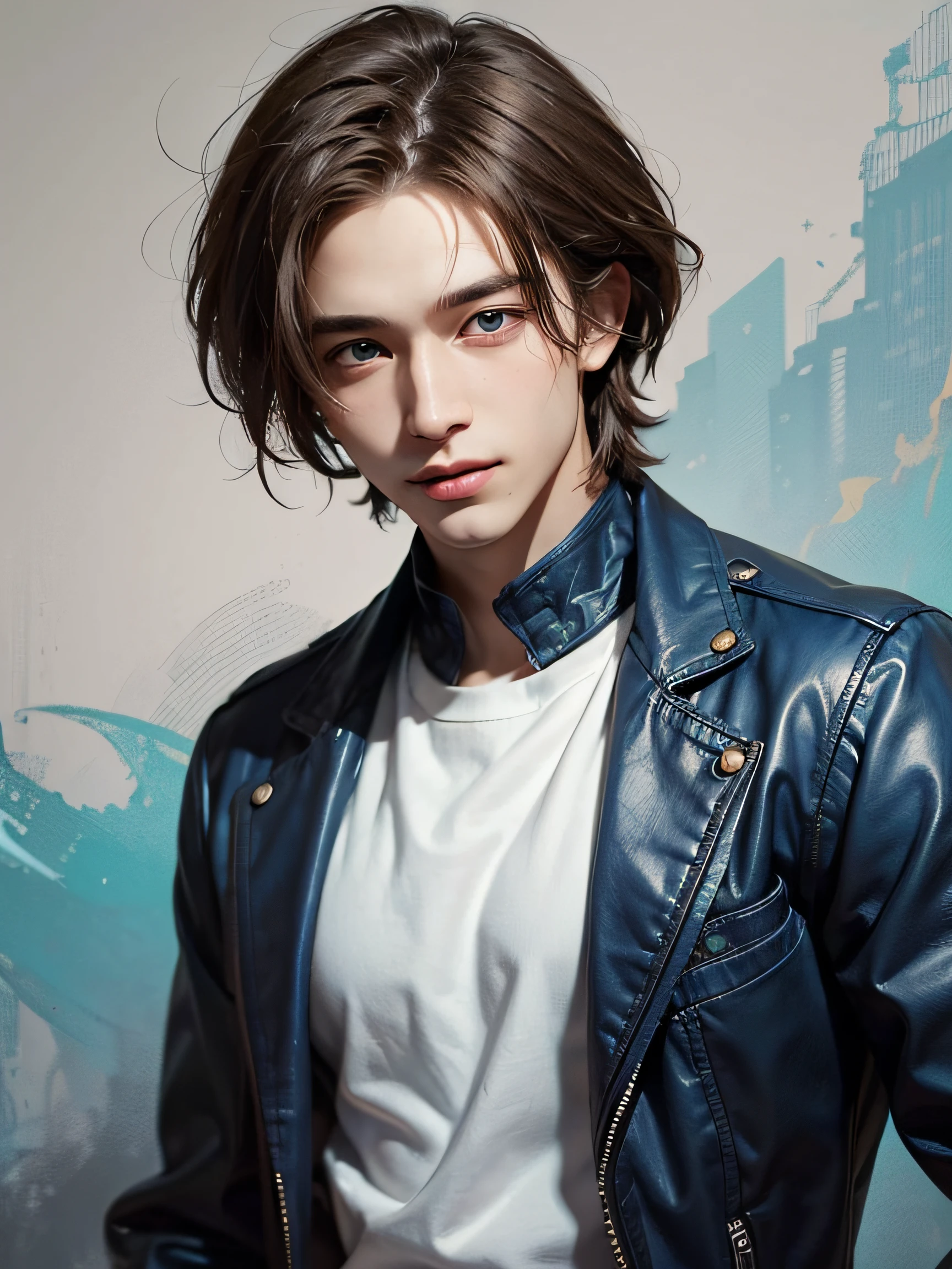1boy, r old,enaged, Light-brown hair, azure blue big eyes, Lake, Solo Focus Teen Facial, white shirt, a handsome, Smiling, Realistic, The dynamic pose is realistic, Detailed and correct facial structure, Leon S. Kennedy, a handsome, Extremely detailed, Dynamic Angle, cowboyshot, The Most Beautiful Shape, elegant, bright colours, romanticism, James Jean, roby dwi antono, by Ross Tran, francis bacon, michal mraz, adrian ghenie, petra cortright, gerhard richter, takato yamamoto, ashley wood, atmospheric