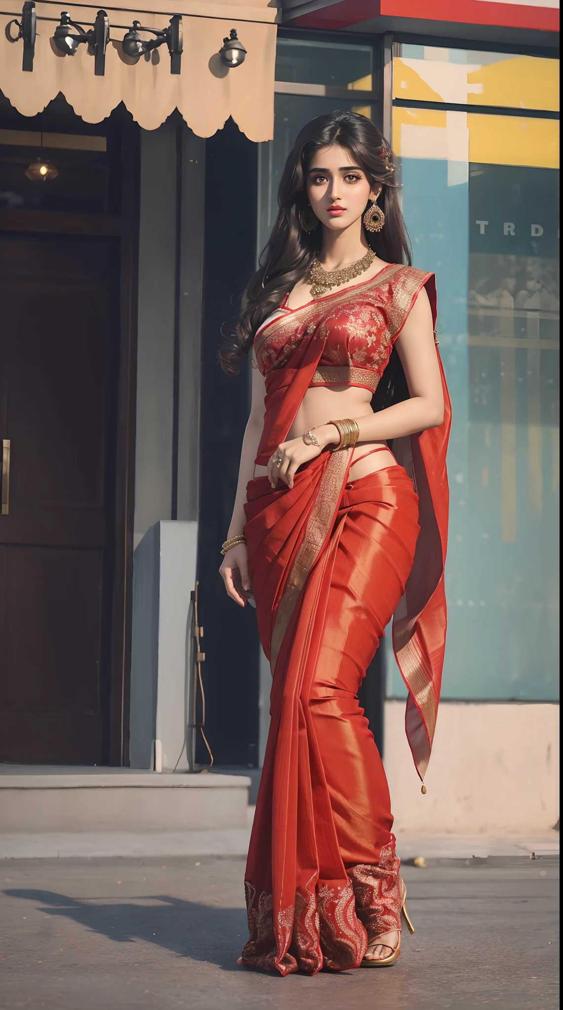 (full body shot:1.5), (Masterpiece:1.1), 1girl, solo girl, 18 year old girl, ultra realistic face, hyperrealistic, hyperdetailed, (wide angle pose standing position:0.5), (inspired by disha patani), sharpen, detailed face, detailed eyes, detailed lips, red lips, beautiful face, 16k, FHD, raw photo, cute face mesh, pretty face mesh, girl in luxury office, beautiful hair style, (Indian traditional saree and blouse, flared saree, traditional net saree, traditional saree with pleated), intricate, extremely detailed, scattering surface, ultra realistic textures, realistic face, red lip, glow face, perfect figure, beautiful curved body, fit body, (fancy high heel), tied hair, fancy hair ornament, standing on street road, croud people background, people in Indian outfits.,