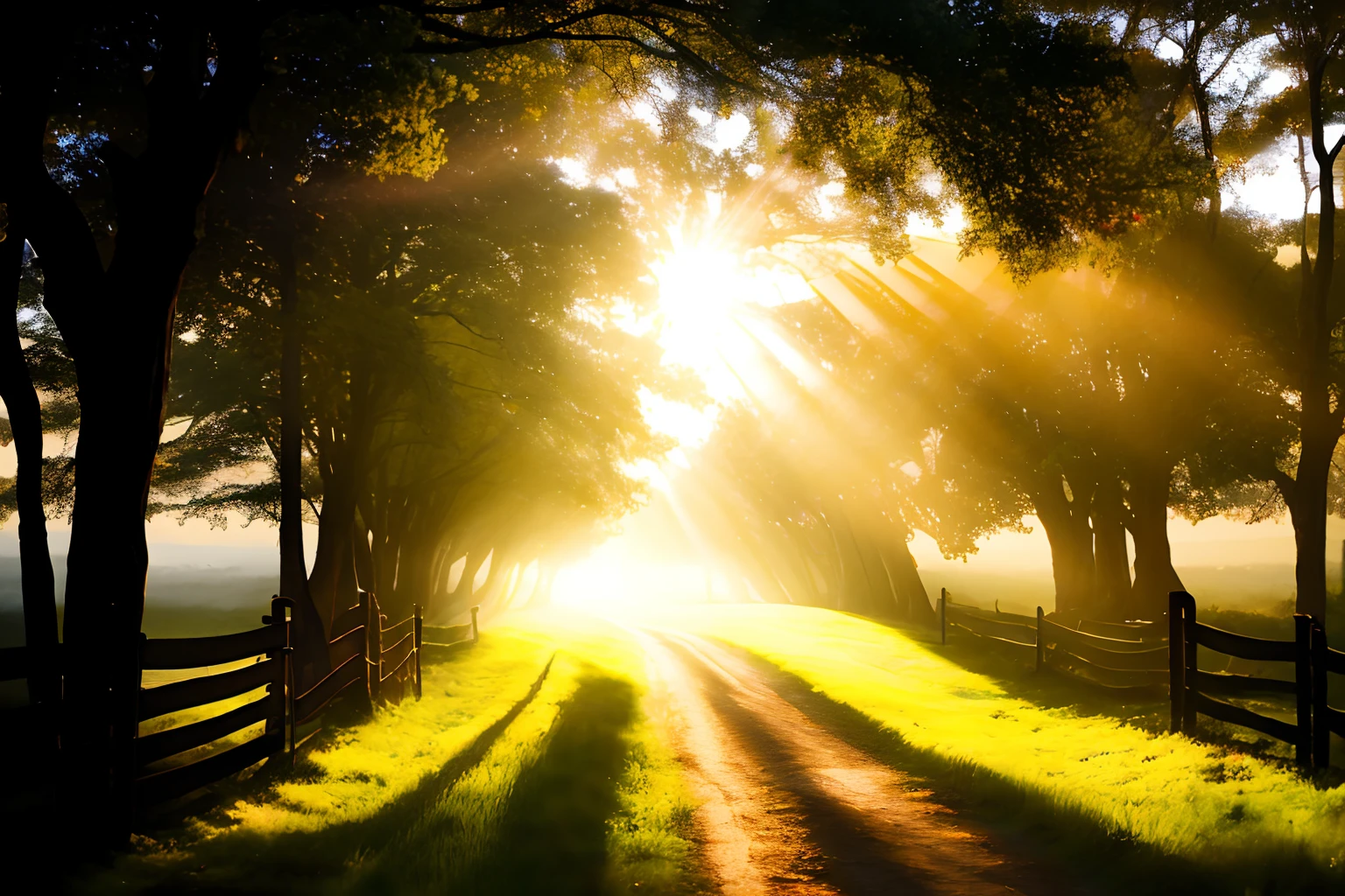 Vast fog sun rays farm gate heaven