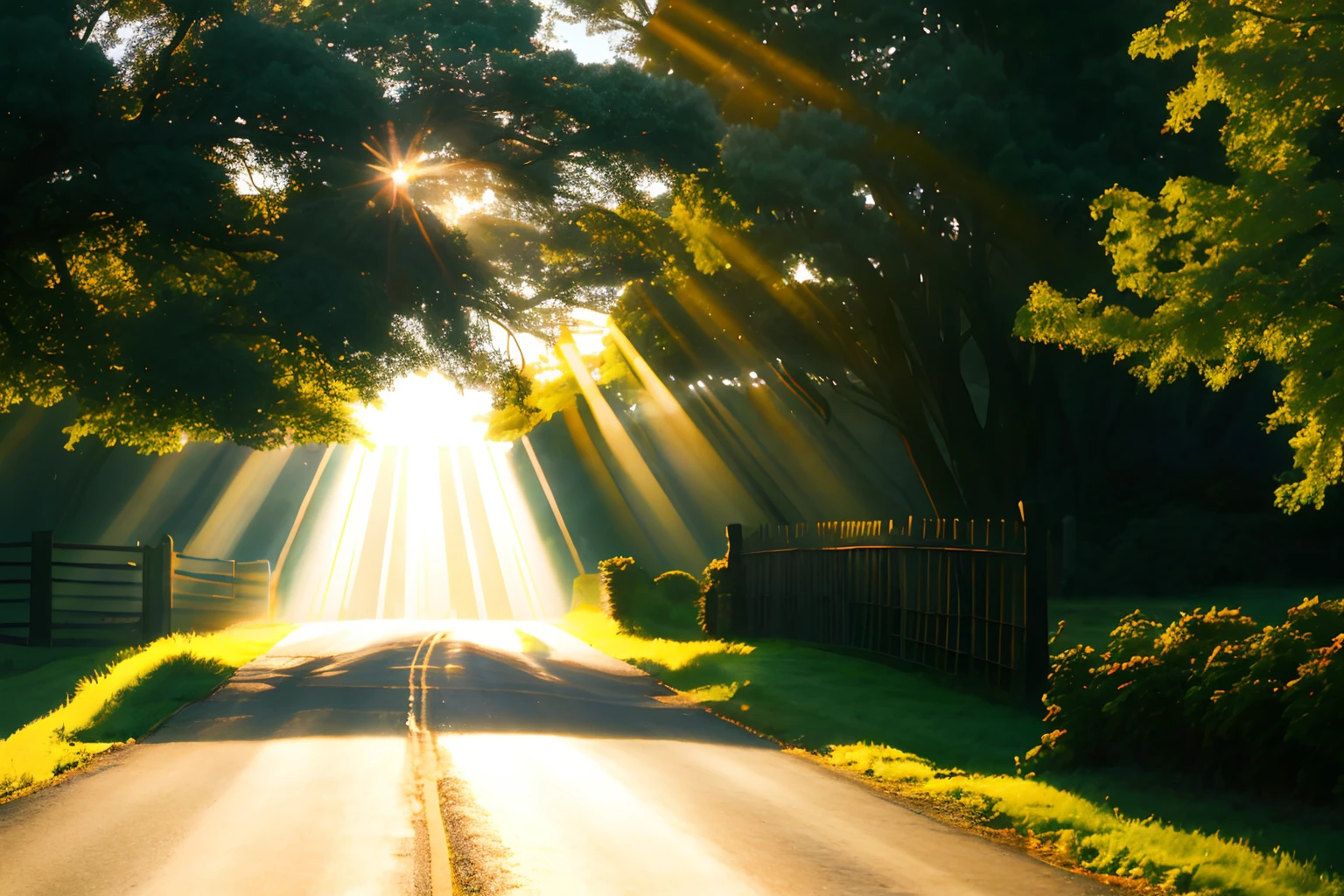 Vast fog sun rays farm gate heaven