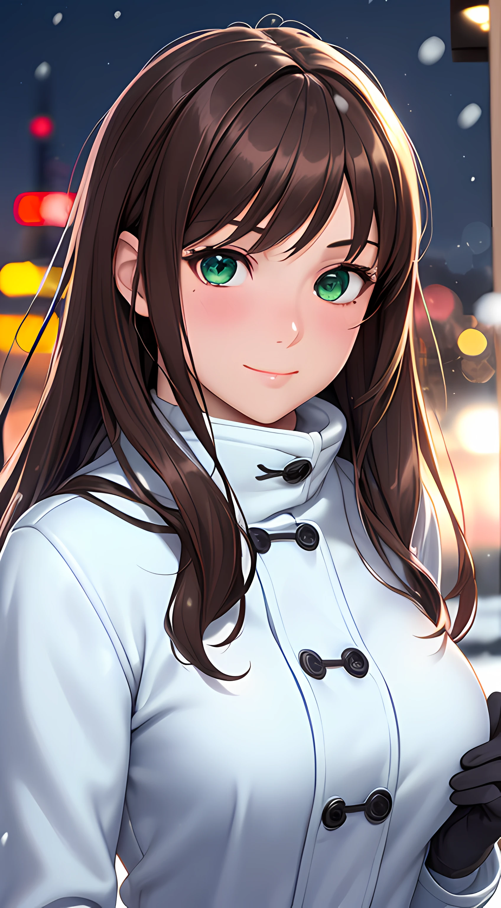 ((masterpiece, best quality, highres, UHD, perfect pixel, depth of field, 4k, RTX, HDR)), 1girl, single, solo, 24 years old, beautiful anime girl, beautiful artstyle, anime character, ((long hair, parted bangs, brown hair)), (green eyes:1.4, rounded eyes, beautiful eyelashes, realistic eyes), (detailed face, blushing:1.2), (smooth texture:0.75, realistic texture:0.65, photorealistic:1.2, cinematic, anime CG style), medium breasts, perfect body, busty, (dynamic angle, pov, close up), ((winter clothes, long coats, mittens, gloves, long underwear)), night, city lights, bokeh:1.4, (outdoor, city buildings, crowd), ((winter, snowfall:1.8, the wind blows)), sly smile, graceful, prestigious, glorious, elegant