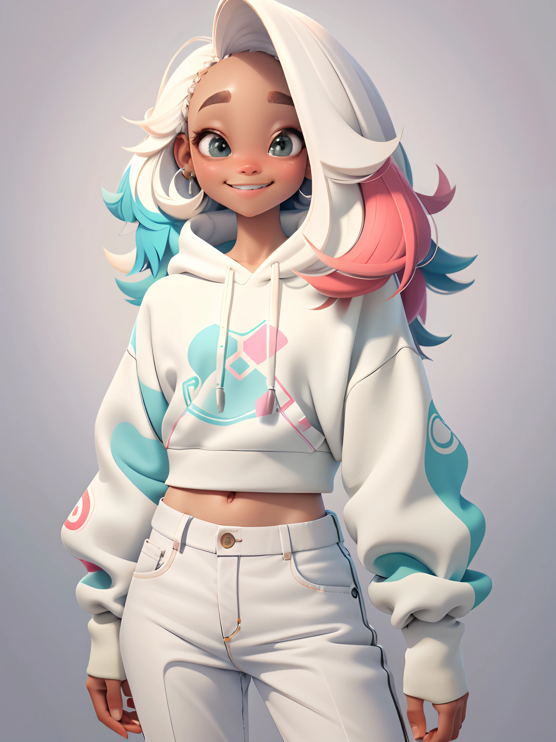 uma , corpo inteiro, cabelo longo, curto, enrolado, com fones de ouvido branco, sorriso branco, sweatshirt and pants, multicolorido, tridimensional, Miscellaneous color matching, using resolution
