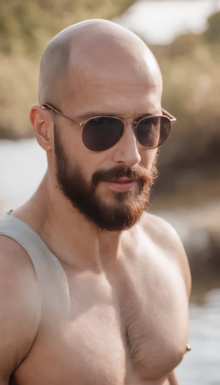 ( 8K, awardwinning, Best Quality), High Definition, Super Detail, high detailing, Anatomically correct, Perfect illustration, white man, six feet, bald, sunglasses, brown garibaldi beard, muscular, large build, wearing beach shorts, laughing