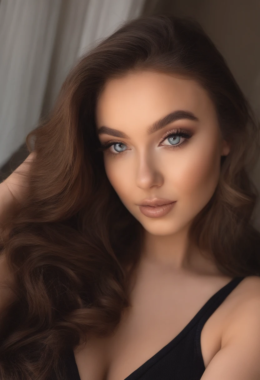 woman with black clothes black pantyhose, fille sexy aux yeux bruns, Portrait Sophie Mudd, cheveux bruns et grands yeux, selfie of a young woman, Yeux de chambre, Violet Myers, sans maquillage, maquillage naturel, looking straight at camera, Visage avec Artgram, Maquillage subtil, Superbe photo du corps entier, dans la chambre, clivage, full body shot, 8k HD