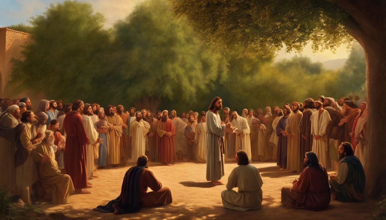 Jesus telling parables in a crowd in the shade of a tree