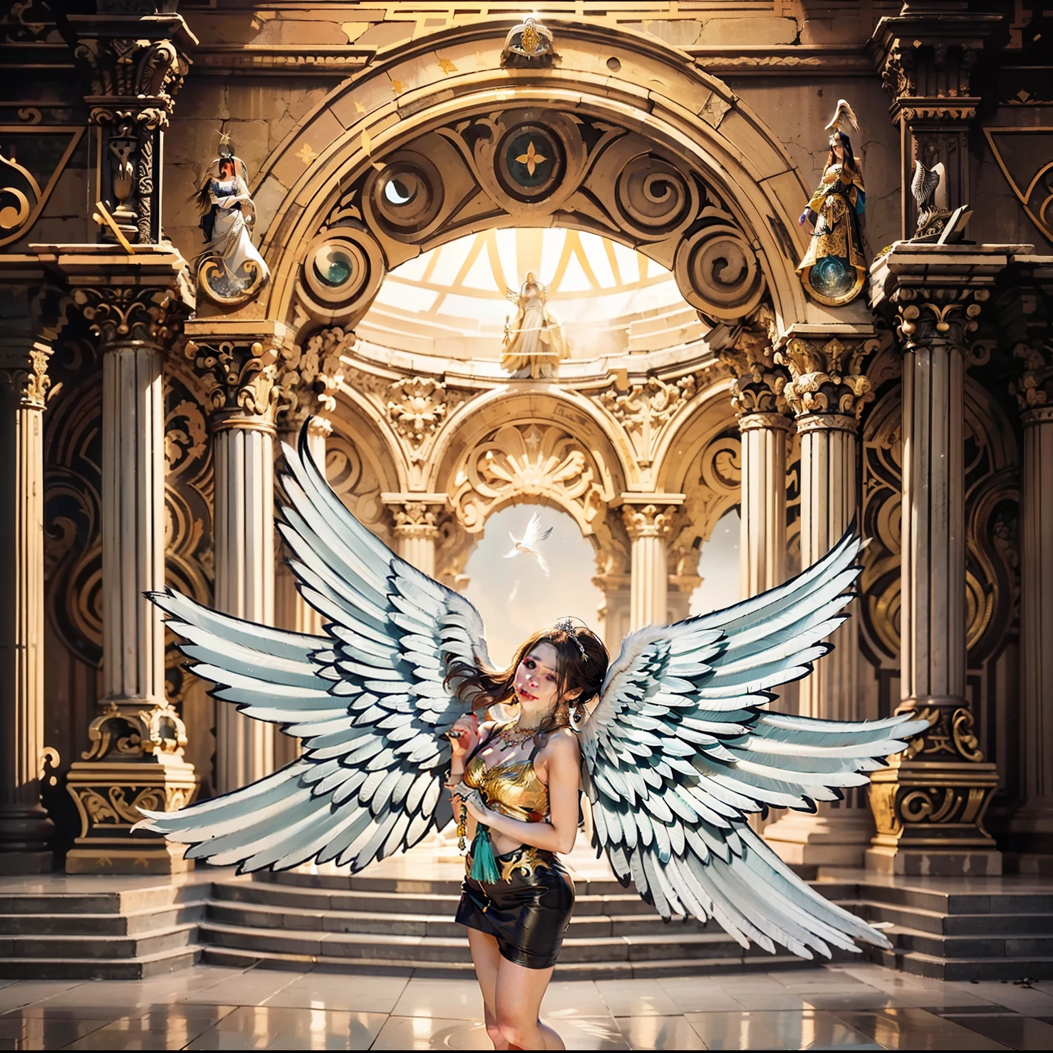 There's a woman with wings standing in a building, anjo feminino bonito, Retrato de um anjo bonito, Anjo majestoso de corpo inteiro, anjo bonito, de anjo lindo, Angelic Light, tall female angel, angelic, de uma anjo bonita, Ethereal Angelic Being of Light, anjo, retrato bonito da meninajo, Um Anjo da Luz do Amanhecer, angelic, angel spirit guide, cabelos vermelhos, cabelo cacheados, cabelo cacheados avermelhado, cabelo ruivo, Delineado, jovem, Incredible detailing, textures and maximum detail), (Full body standing image:1.8), (Partee superior do corpo para cima:0.3), (hyper realistic:1.4), (Realistic:1.3), (melhor qualidade de pele textura real), (finely detailed true circle Symmetrical eyes), (rosto bonito finamente desenhado), (Shining Divine Angel Ring Above Head:1.8), ((Mundo medieval)), (Elegante e divino traje branco com acabamento elaborado: 1.8), (anjo branco do Senhor:1.6), (Full body standing image:1.8), (Olhos lindos e gentis), (ela tem um sorriso feliz no rosto), (Beautifully colored eyes full of compassion), (Full body standing image:1.8), (halo optical phenomenon:1.3), (Angels dancing in the background), (dramatic light), (vista majestosa), (His expression is serene, cheia de ternura e muito bela;), ((Large wings with pure white feathers behind the shoulders)), (((Asas dobradas))), Brincos de vidro nas orelhas, (((dramatic photo))), (Twilight), (Sunset), (Twilight), (Pose Sagrada), (cabelos vermelhos), (cabelos cacheados), (cabelo ruivo), cabelo de corte longo, ((procura para cima)), ((olhando para baixo)), ((gives full body standing image)), (Around her neck is a simple necklace of exquisite finish), Old ruins infested with plants, Grande Templo, grande catedral, temple ruins, Templo em destaque fundo, (Luminous magic circle), Ruins of an ancient castle, Deserted ruins, ruined ruins, Ancient ruins with clear water, Luz Santa, epic realistic, seios pequenos, sobre uma grande cidade, ruiva