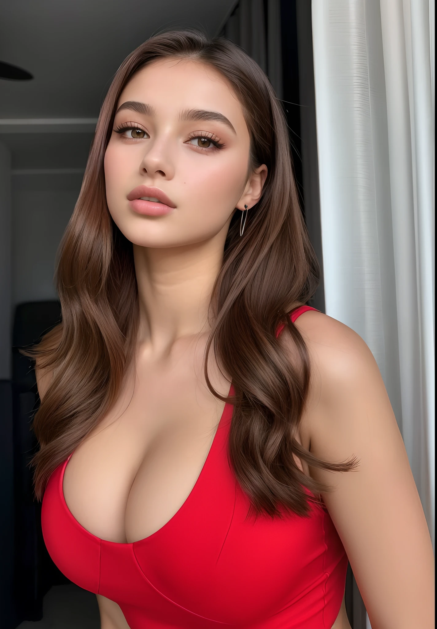 mulher em um top vermelho posando para uma foto, Retrato Sophie Mudd, Anna Nikonova aka Newmilky, 18 anos, 2 Modelo feminina de 4 anos, lindo modelo jovem, good young girl, 21 anos, 2 2 anos, modelo muito bonito, clivagem, cabelos castanhos e um corpo perfeito, 1 6 anos