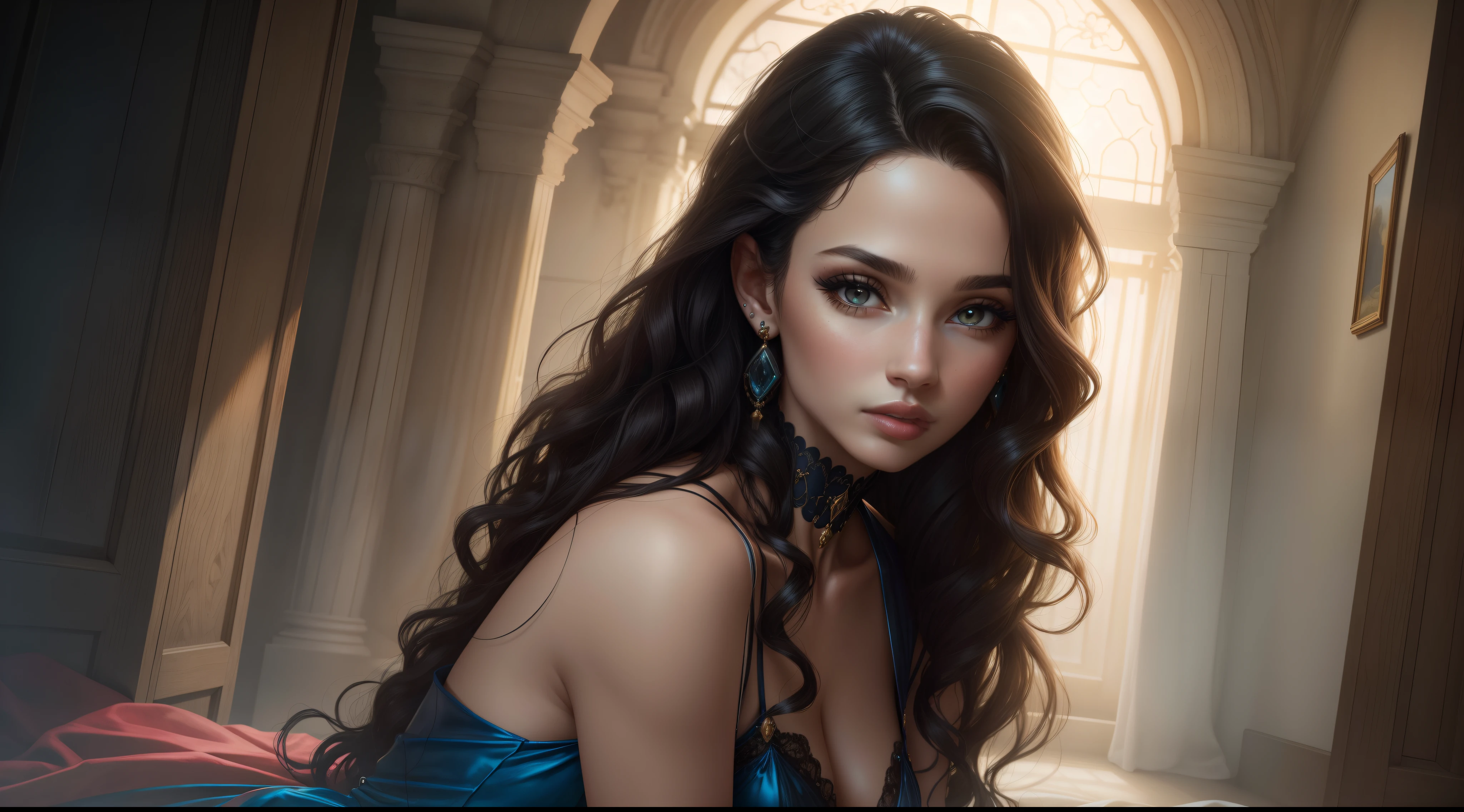 (best quality,4k,8k,highres,masterpiece:1.2),ultra-detailed,(realistic,photorealistic,photo-realistic:1.37),DigiArt Style,looking at viewer,full body,digital art,1girl,solo,long curly hair,black hair,azur eyes,earrings,parted lips,lips,eyelashes,makeup,jewelry,silk dress,wizard,fantasy