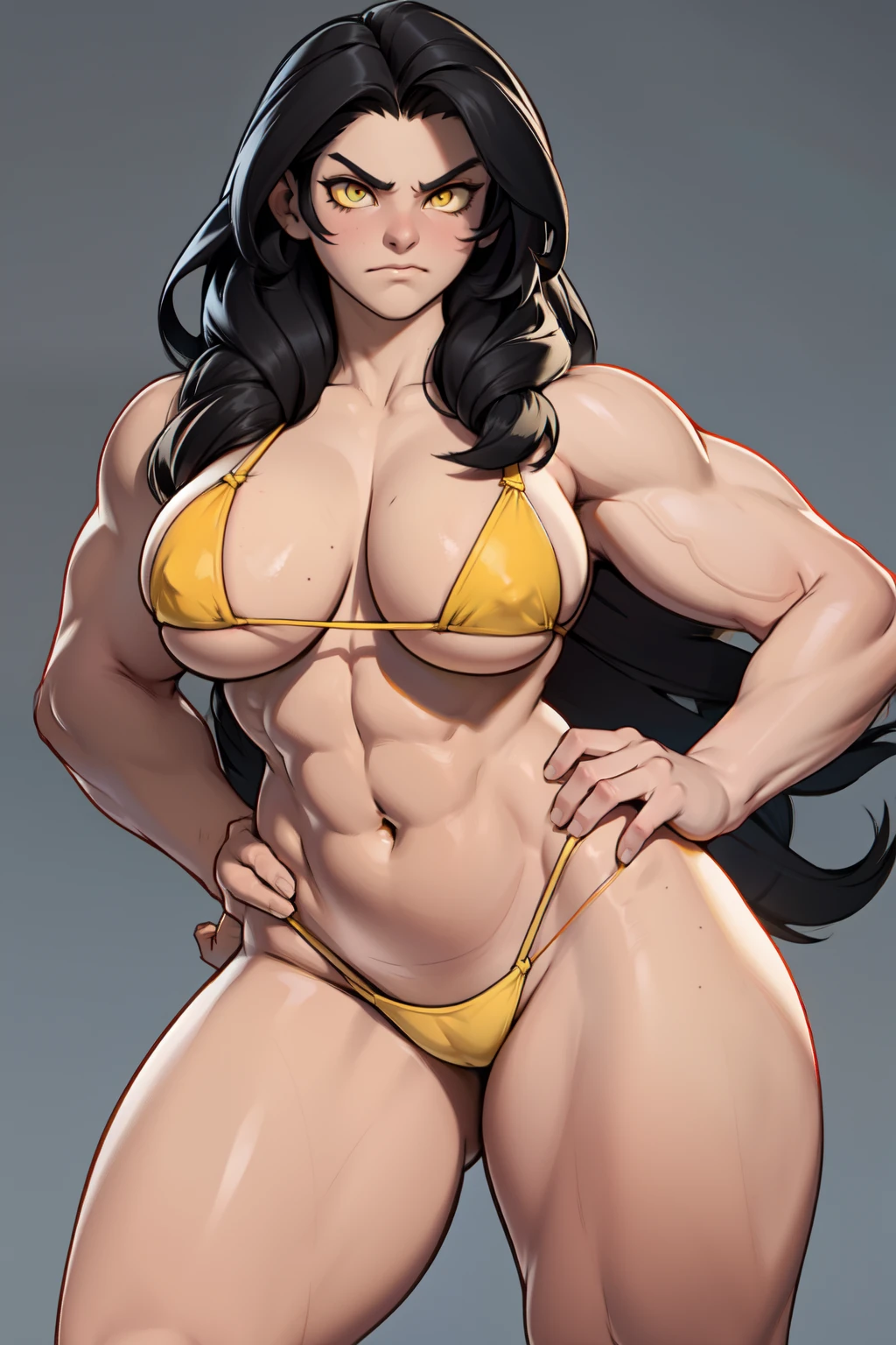 solo, 1 girl, very long hair, black hair, angry, yellow eyes pale skin bodybuilder huge tits (string bikini) wide hips thick thighs curvy