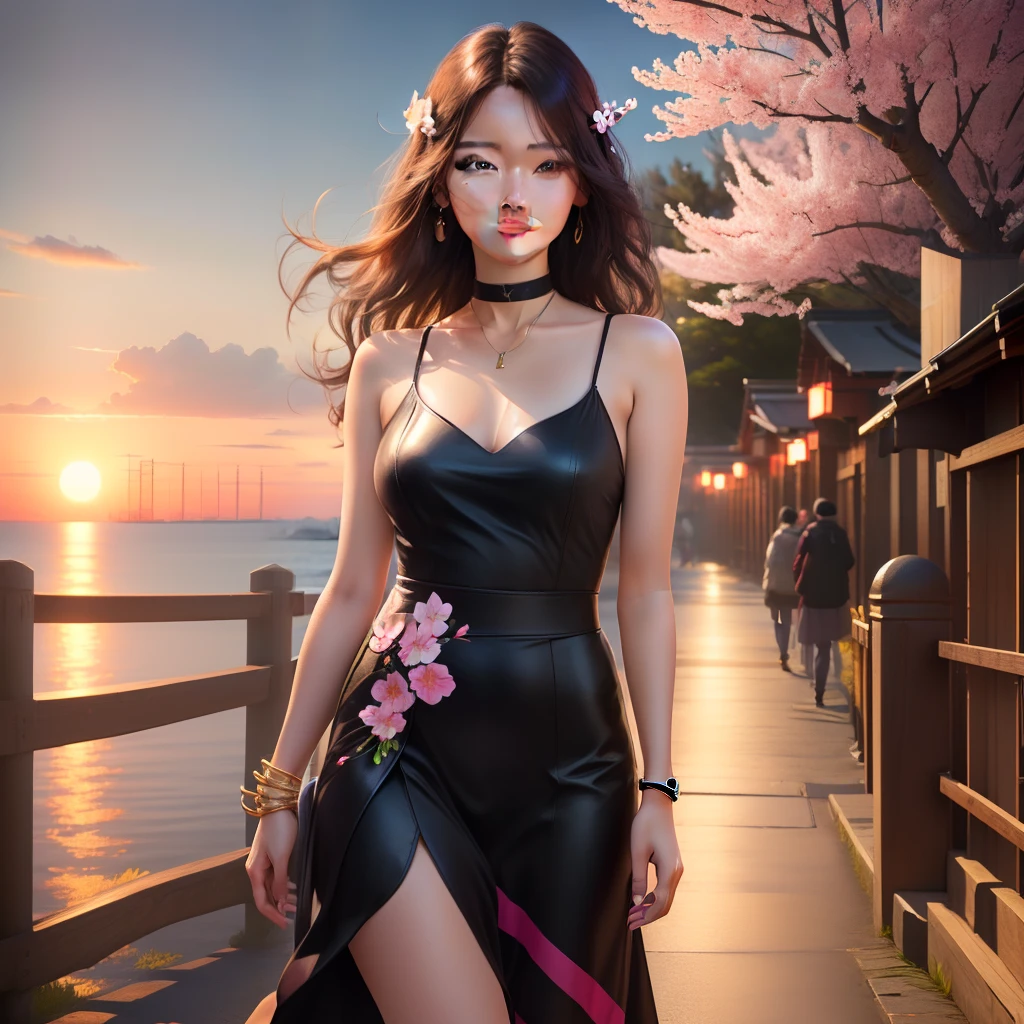 best quality, ultra high res, (photorealistic:1.4), 1girl, , small breast,pink , black choker, smile, bare shoulders, solo focus, looking at viewer,fair skin,sunset,cherry tree,photon mapping, physically-based rendering, RAW photo, highly detailed background,kpop idol,depth of field,torii,cherry blossoms,hair ornament,detailed face,shiny skin,game cg,full body,