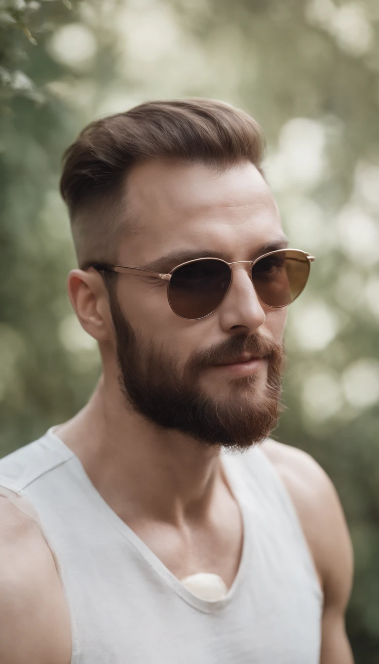 ( 8K, awardwinning, Best Quality), High Definition, Super Detail, high detailing, Anatomically correct, Perfect illustration, white man, six feet, bald, sunglasses, brown garibaldi beard, muscular, large build, wearing beach shorts, laughing