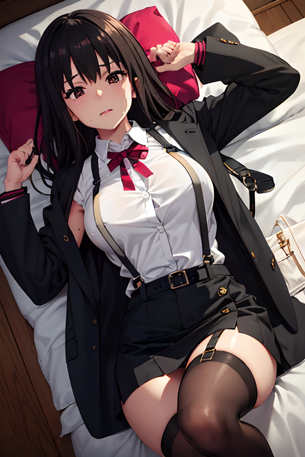 Suit,Collared shirt,Belt bag,Suspenders Black Miniskirt garterbelts knee high Stockings Black Niso Colorcon armpit sweat perspiring Side of both hands,Black jacket,Gaze,ample bosom,Armpit sweat,Exposing the armpits"Tight clothes、Raise your hands、wristbands Lying in bed Behind the back closing eye