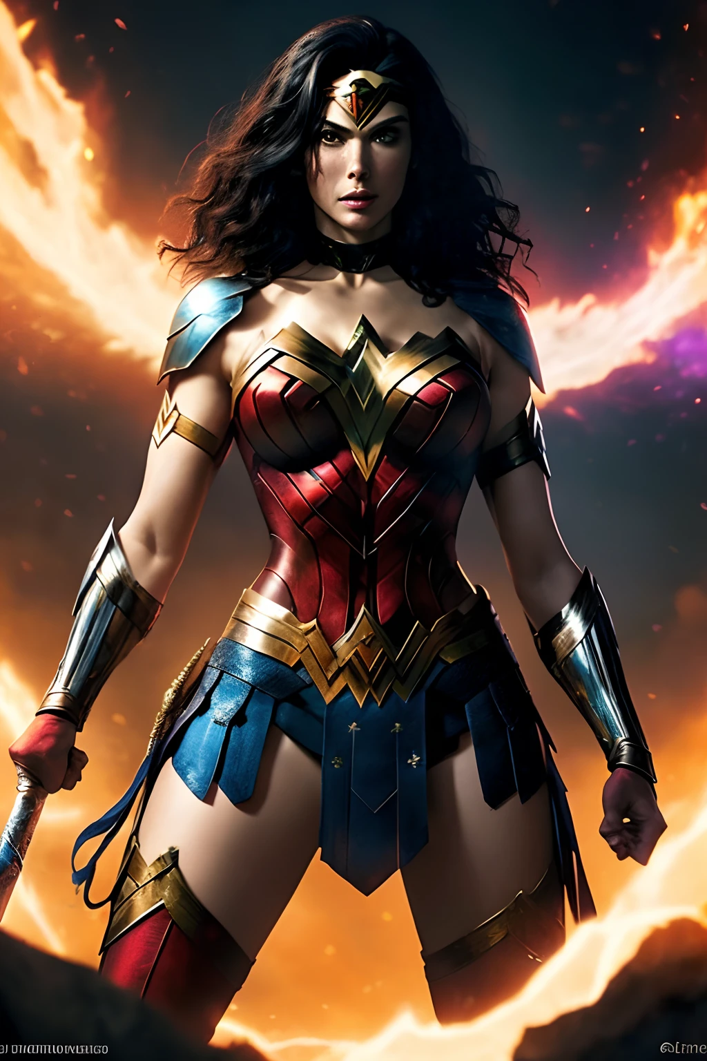 (papel de parede 8k extremamente detalhado), An average shot of Wonder Woman's corrupted necromancer in armor, intrincado, alto detalhe, Dramatic