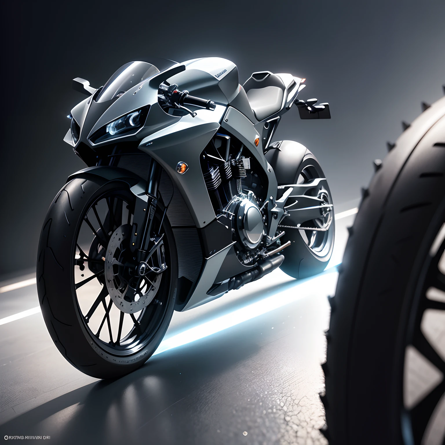 finest image, (8k, RAW photo, realistic), a streamlined motorcycle of the future, crafted with chrome-plated mirror-finish iridescent metal parts and faceted cut and round brilliant cut iridescent jewelry parts, blurry background black iridescent light particles, fine water droplets, detailed and delicate depiction, professional lighting, 3d render digital art