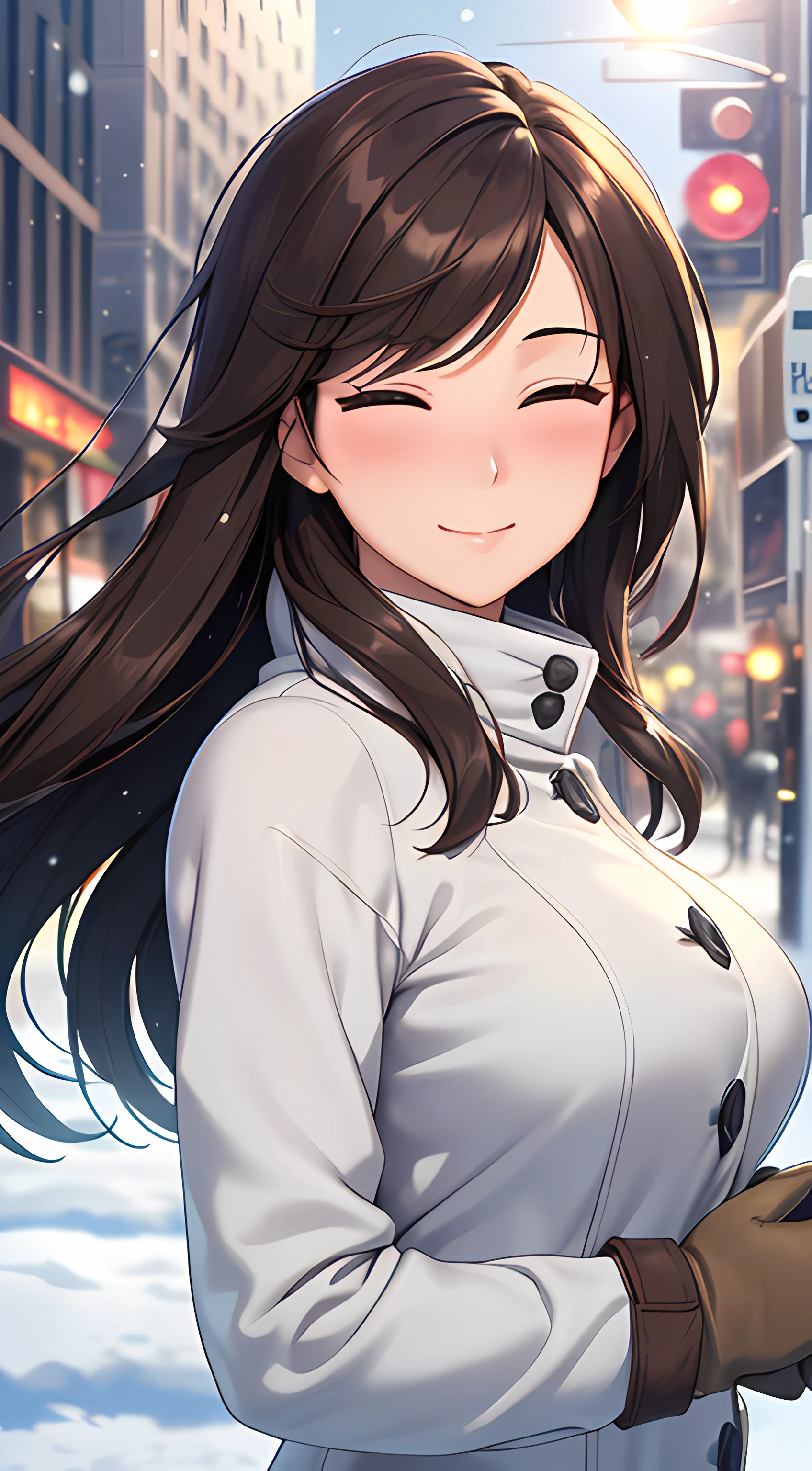 ((masterpiece, best quality, highres, UHD, perfect pixel, depth of field, 4k, RTX, HDR)), 1girl, single, solo, 24 years old, beautiful anime girl, beautiful art style, anime character, sly smile, beautiful smile, ((long hair, parted bangs, brown hair)), (closed eyes, eyelashes), (detailed face, blushing:1.2), (smooth texture:0.75, realistic texture:0.65, photorealistic:1.2, cinematic, anime CG style), medium breasts, perfect body, busty, (dynamic angle, POV, close up), ((winter clothes, long coats, mittens, gloves, long underwear)), night, city lights, bokeh:1.4, (outdoor, city buildings, crowd), ((winter, snowfall:1.8, the wind blows)), (graceful, prestigious, glorious, elegant)