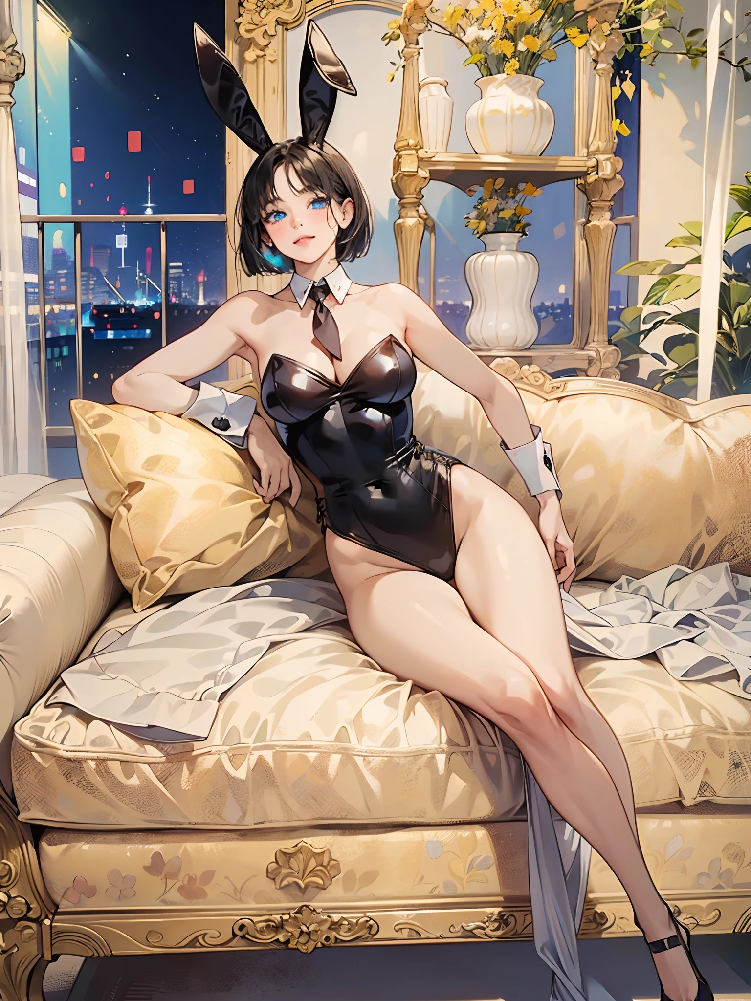 ((((masterpiece, best quality, high resolution)))), (1girl:1.5), black hair, bob cut, blunt bangs, (blue eyes: 1.5), (large breasts: 1.2), cleavage, blush, light smile, parted lips, glow, thighs, bare shoulders, collarbone, narrow waist, cleavage, (beautiful detailed face, beautiful detailed eyes), long slender thighs, perfect eyes, looking at the viewer, ((Playboy bunny suit, fake rabbit ears))