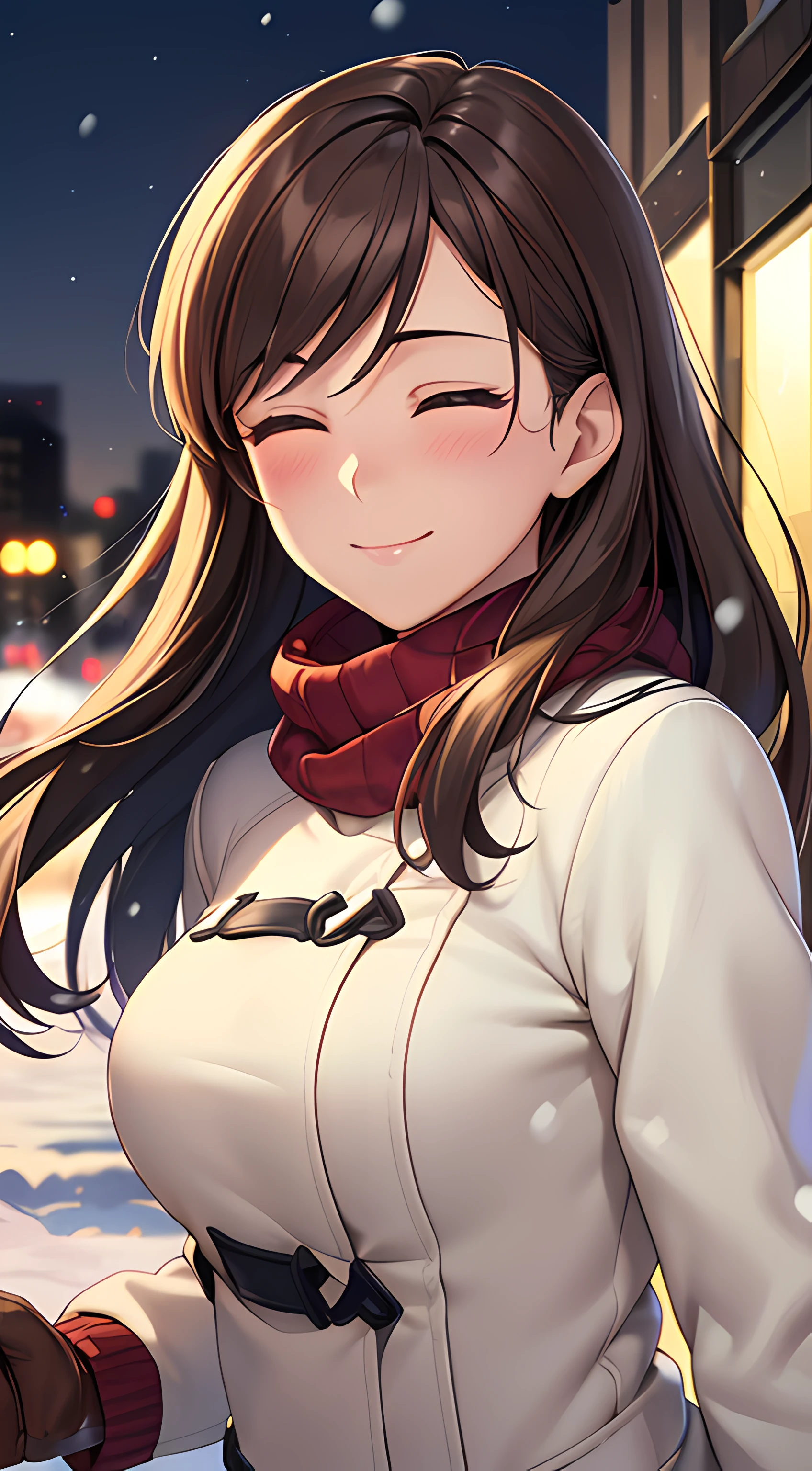 ((masterpiece, best quality, highres, UHD, perfect pixel, depth of field, 4k, RTX, HDR)), 1girl, single, solo, 24 years old, beautiful anime girl, beautiful art style, anime character, sly smile, beautiful smile, ((long hair, parted bangs, brown hair)), (closed eyes, eyelashes), (detailed face, blushing:1.2), (smooth texture:0.75, realistic texture:0.65, photorealistic:1.2, cinematic, anime CG style), medium breasts, perfect body, busty, (dynamic angle, POV, close up), ((winter clothes, long coats, mittens, gloves, long underwear)), night, city lights, bokeh:1.4, (outdoor, city buildings, crowd), ((winter, snowfall:1.8, the wind blows)), (graceful, prestigious, glorious, elegant)