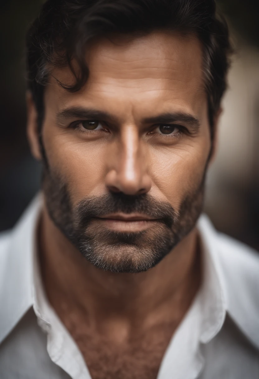 Portrait of the handsome 40-year-old man round face cinematic appearance