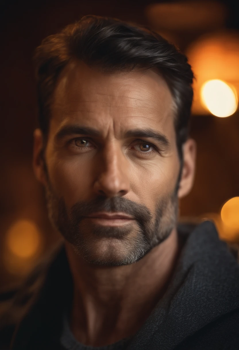 Portrait of the handsome 40-year-old man round face cinematic appearance