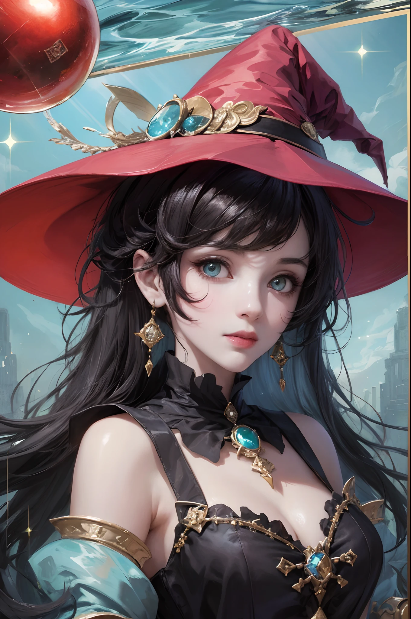 ((Witch Girl)), with black hair,Cyan eyes, Lots of magic,glass bottles with red and blue water,Sparkling Ball Reflection of Rays from the Sun,close - up --auto --s2
