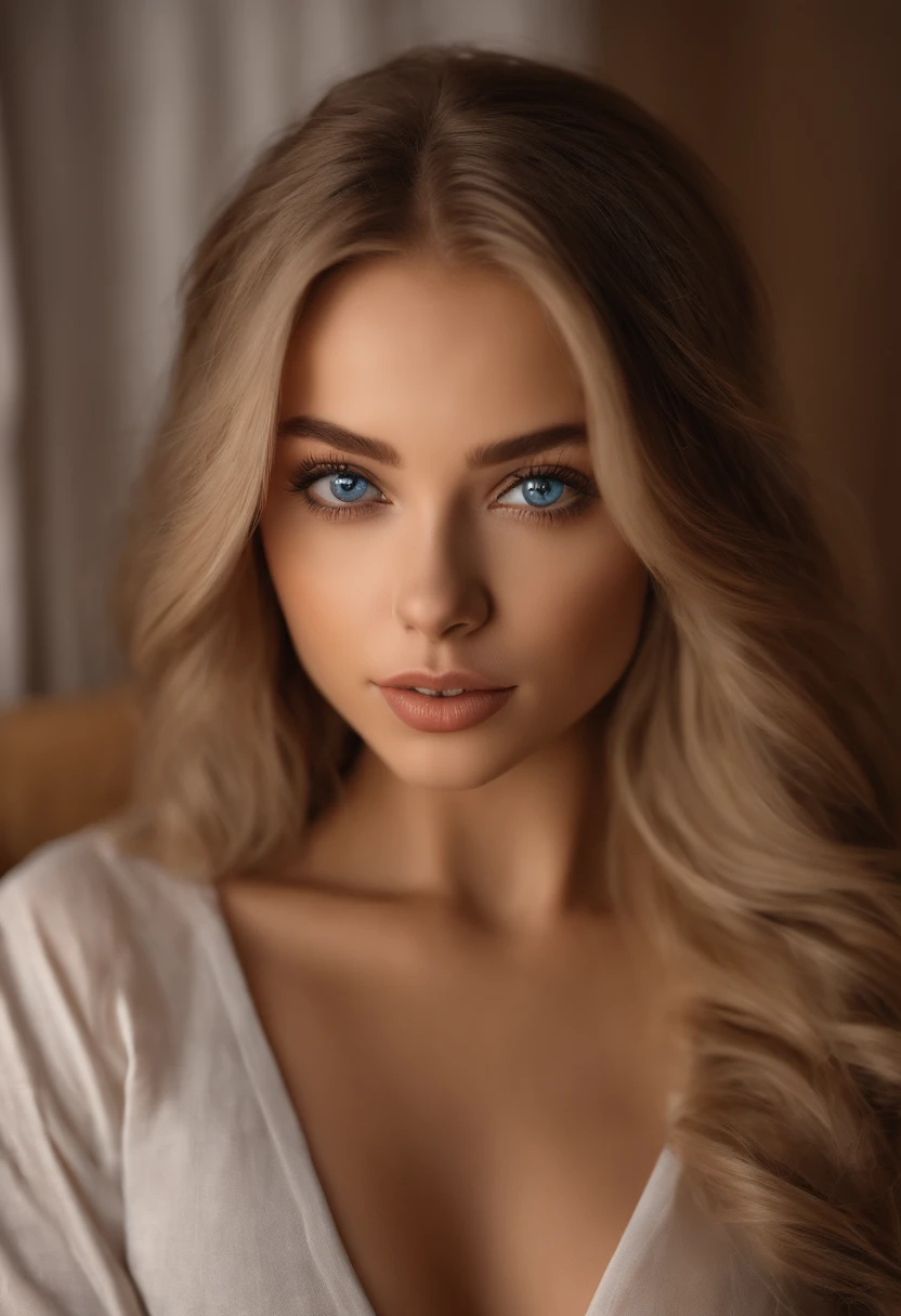 arafed woman fully , sexy girl with blue eyes, ultra realistic, meticulously detailed, portrait sophie mudd, blonde hair and large eyes, selfie of a young woman, bedroom eyes, natural makeup, looking directly at the camera, face with artgram, stunning full body shot kneeling on bed, in bedroom, medium to large size bust;