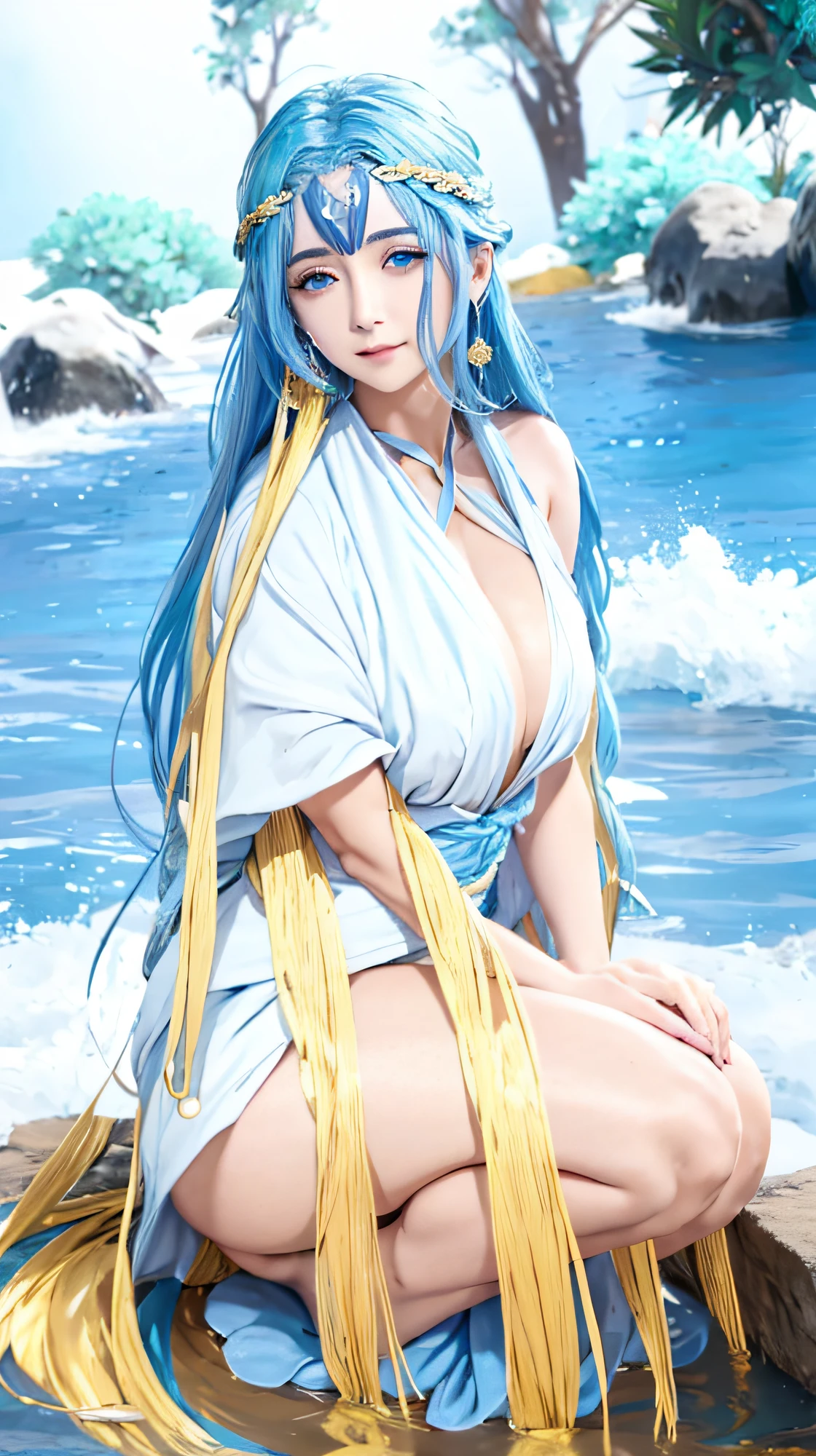 Elfa anime com cabelo azul e capa branca, Naiad anime demon, com olhos dourados brilhantes, Estilo de arte ufotable, com olhos brilhantes, com olhos dourado brilhantes, Tempest Rimuru, veste um manto comprido, wearing flowing robes, flowing white robes, vestindo manto azul, Personagem de anime feminino, vestindo um manto simples, mulher, Ninfa sentada perto de uma lagoa, divindade de cabelos azuis, Deusa feminina bonita