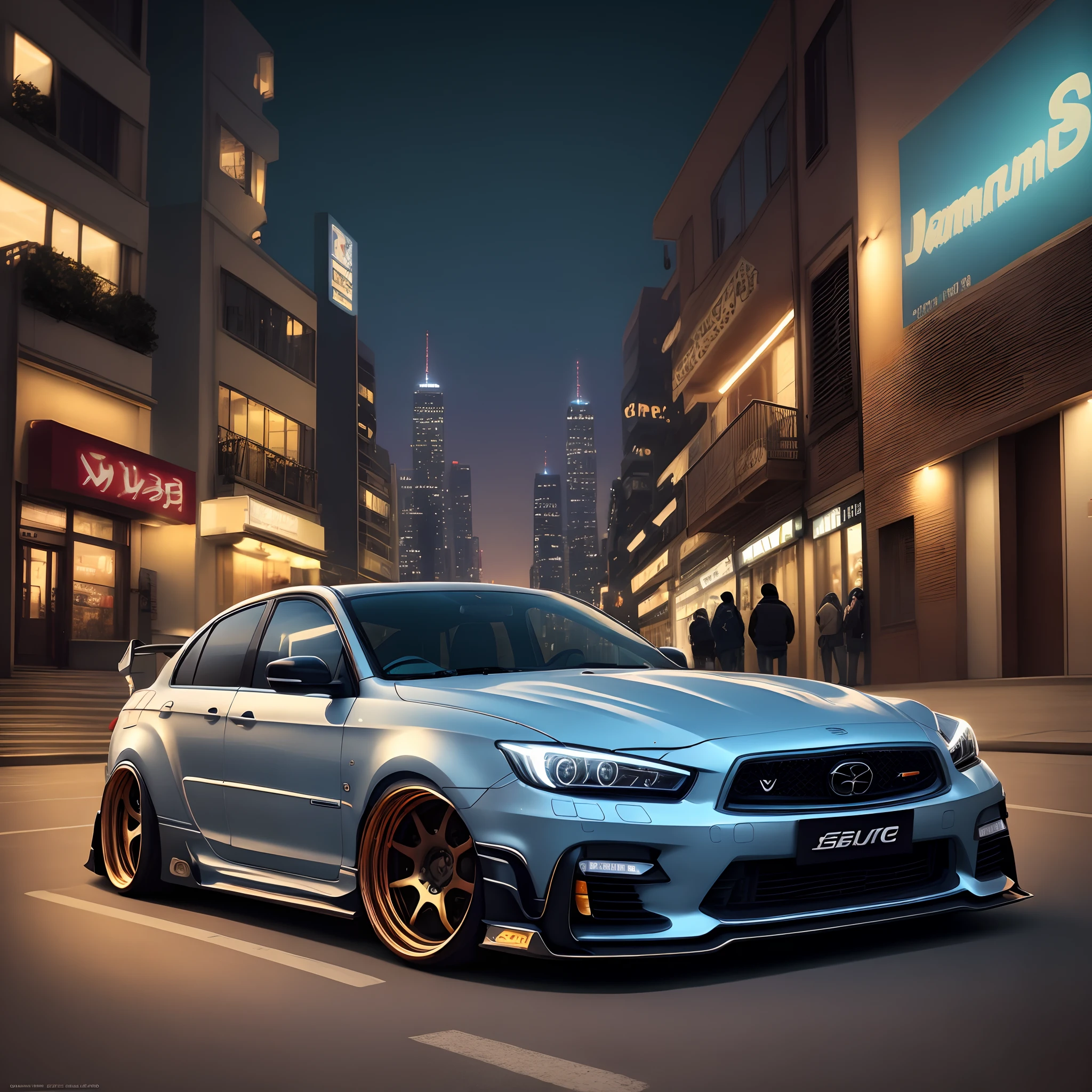 Stanced JDM car with beautiful city lights in background