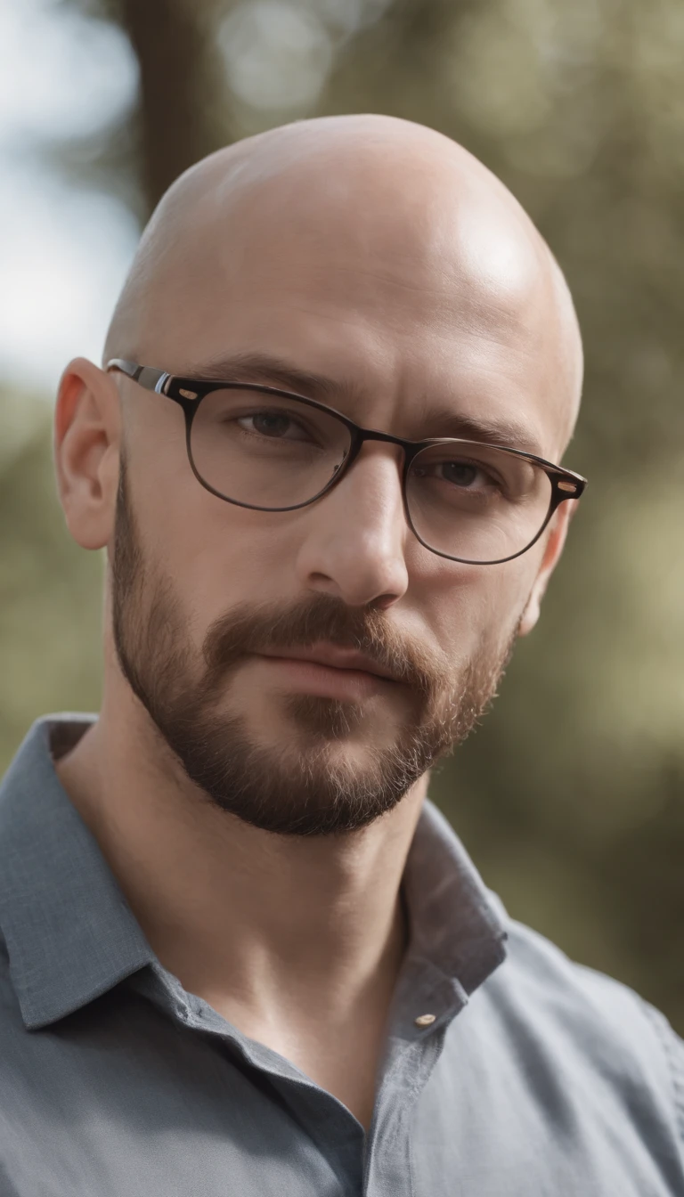 ( 8K, awardwinning, Best Quality), High Definition, Super Detail, high detailing, Anatomically correct, Perfect illustration, white man, 32 years old, six feet, bald, sunglasses, muscular, fat, brown garibaldi beard