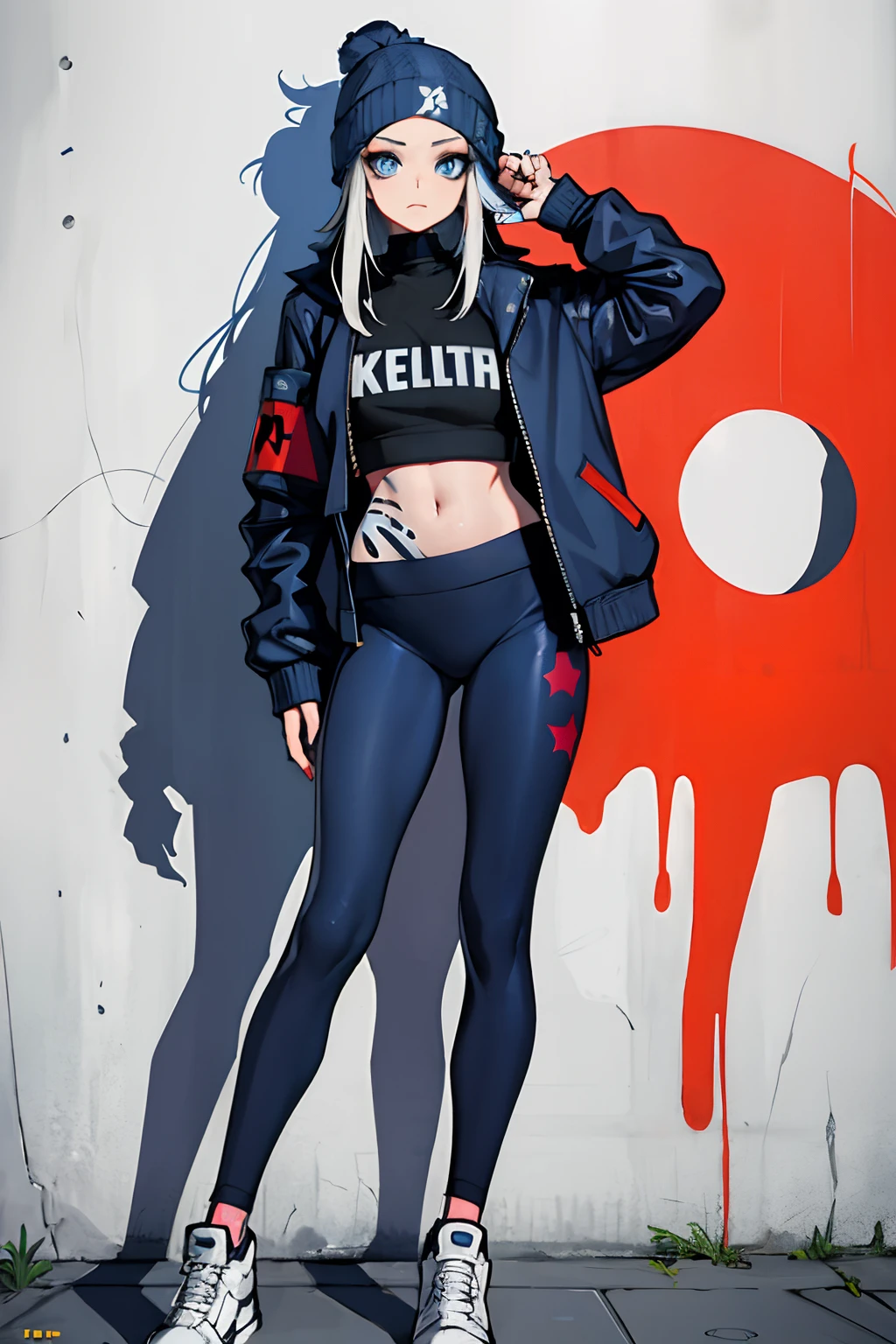 (masterpiece:1.2, best quality), (graffiti wall:1.15), 1lady, beanie, jacket, Leggings, blue eyes, fullbody,