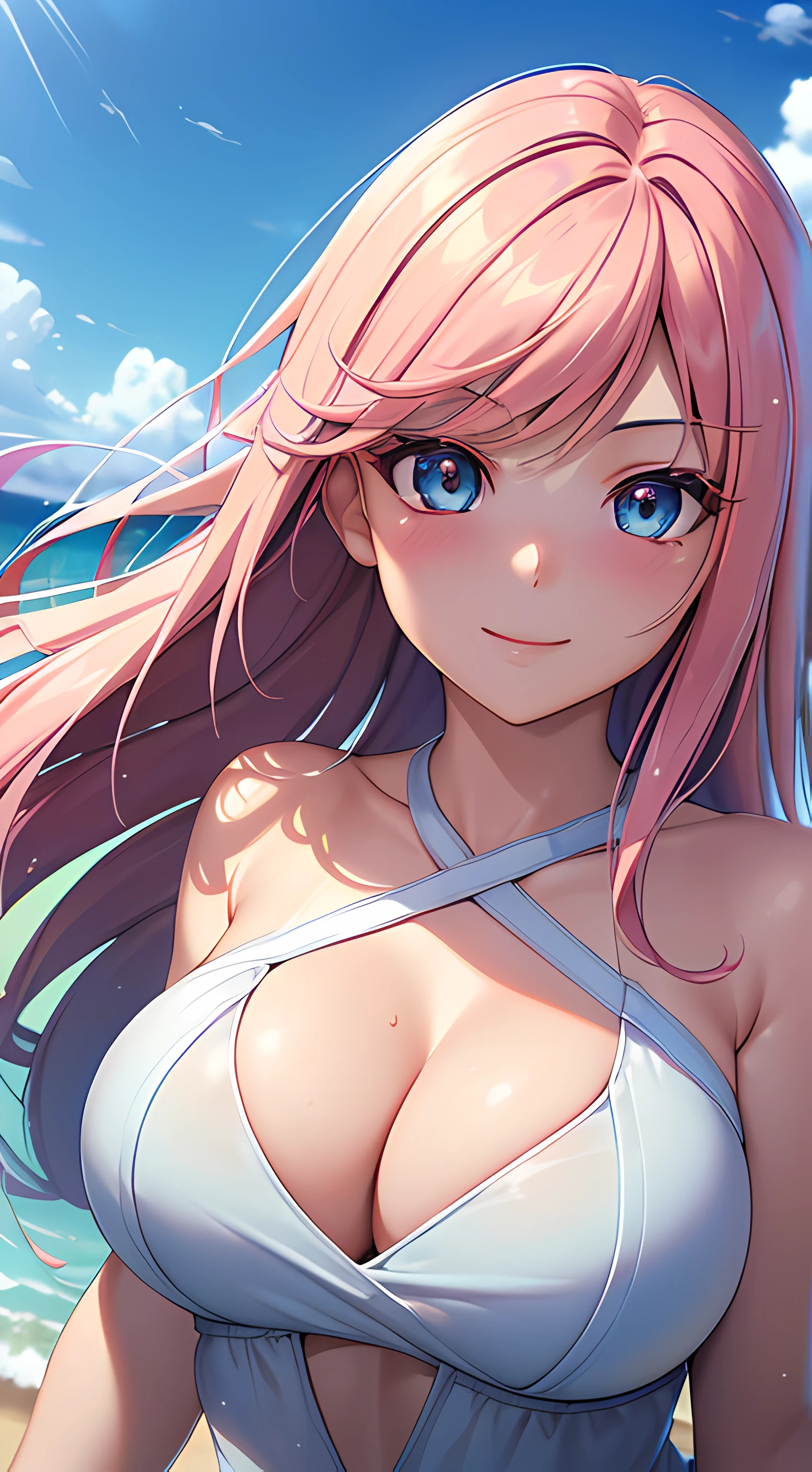 ((masterpiece, best quality, highres, UHD, perfect pixel, depth of field, 4k, RTX, HDR, extremely detailed)), 1girl, single, solo, 24 years old, beautiful anime girl, beautiful art style, anime character, smile, beautiful smile, ((long hair, parted bangs, colorful hair)), (colorful eyes:1.4, rounded eyes, beautiful eyelashes, realistic eyes, extremely detailed pupil), (detailed face, blushing:1.2), (smooth texture:0.75, realistic texture:0.65, photorealistic:1.2, cinematic, anime CG style), medium breasts, perfect body, busty, (dynamic angle, POV, close up), ((summer clothes)), beach, outdoor, crowd, ((summer, the wind blows)), (graceful, prestigious, glorious, elegant)