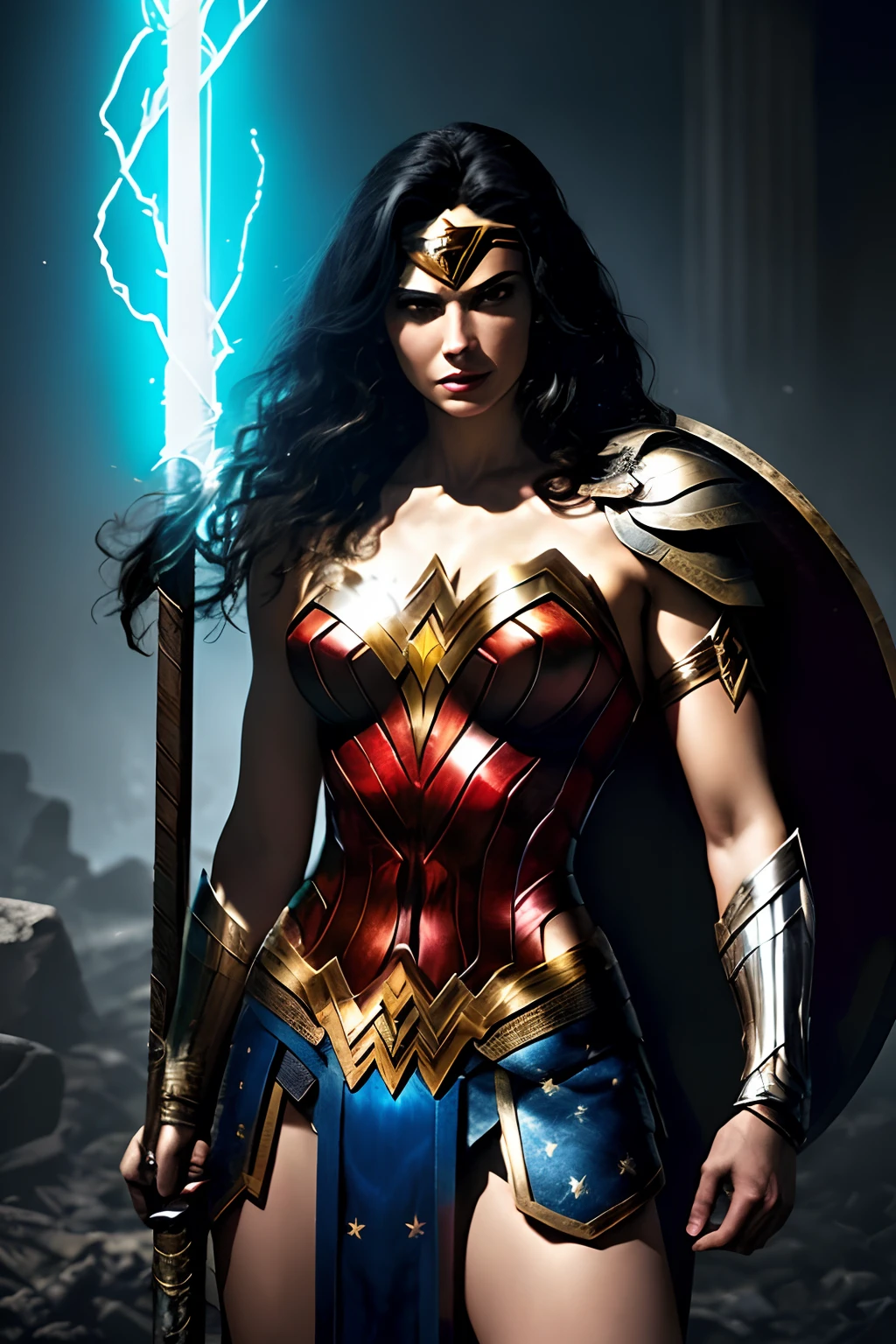 (papel de parede 8k extremamente detalhado), An average shot of Wonder Woman's corrupted necromancer in armor, intrincado, alto detalhe, Dramatic