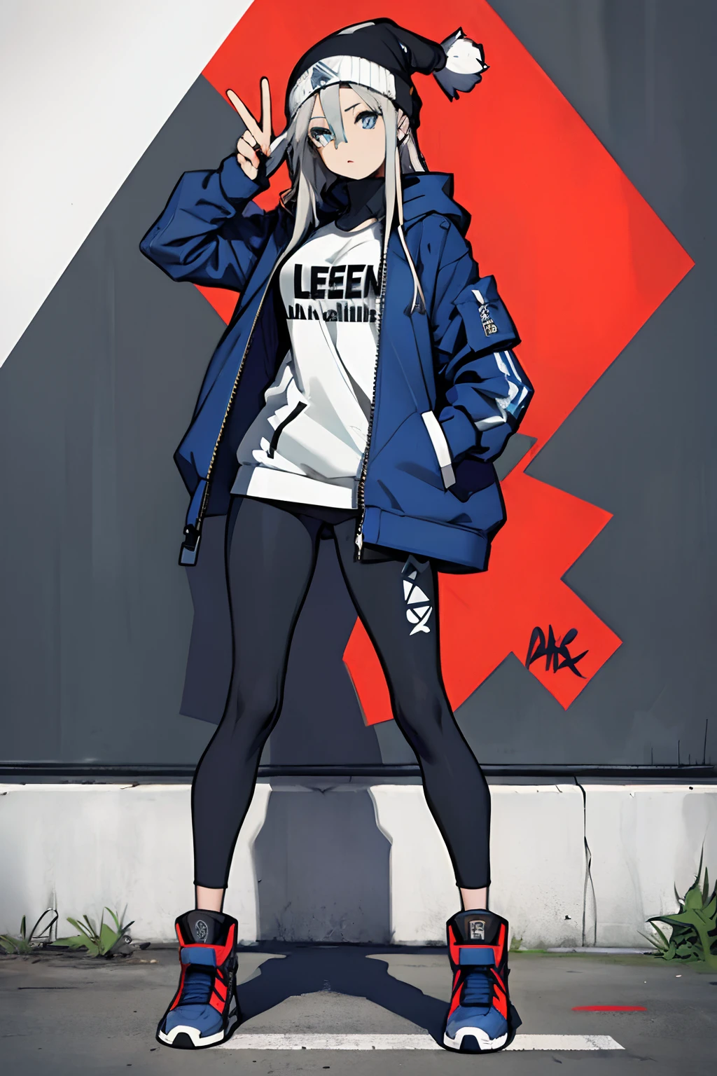 (masterpiece:1.2, best quality), (graffiti wall:1.15), 1lady, beanie, jacket, Leggings, blue eyes, fullbody,