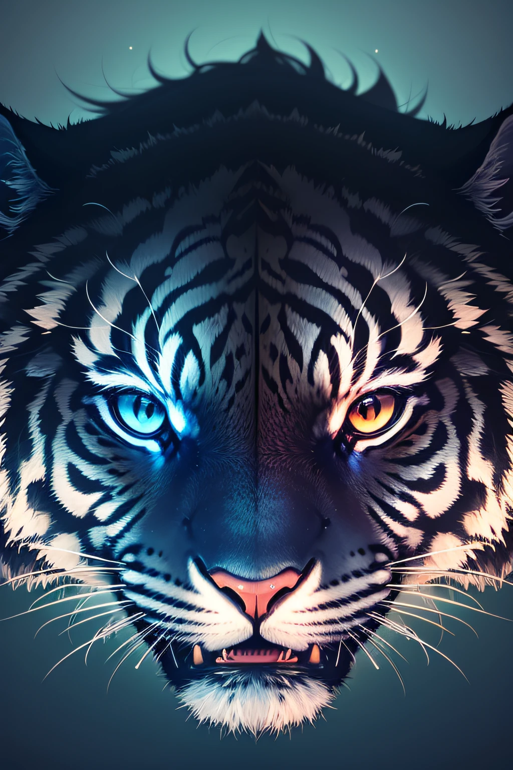 a tiger, minimalistic colorful organic forms, energy, assembled, layered, depth, alive vibrant, 3D, abstract, on a light blue background