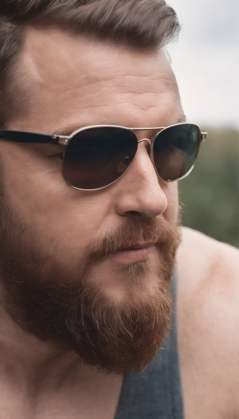 ( 8K, awardwinning, Best Quality), High Definition, Super Detail, high detailing, Anatomically correct, Perfect illustration, white man, muscular, fat, 32 years old, six feet, bald, sunglasses, brown garibaldi beard
