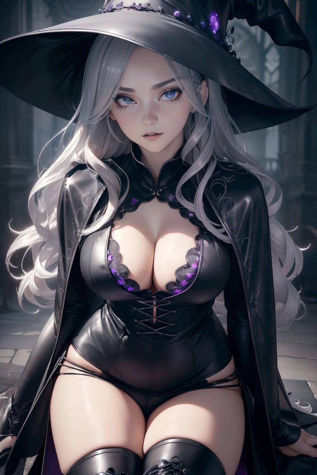 ((masterpiece, best quality, ultra-detailed, ultra-HD, photorealistic, cinematic)), (close-up camera shot:1.2), (sensual pose, twerking), (alluring and voluptuous female witch), perfect anatomy, perfect face, large cleavage, proportioned hands, (jet-black hair with subtle blue or purple highlights, cascading in loose waves:1.3), (A dark, flowing witch robe with silver embroidery:1.4), (a black feathered witch hat), (wears and sleek, knee-high black leather witch boot:1.5), (dynamic background)