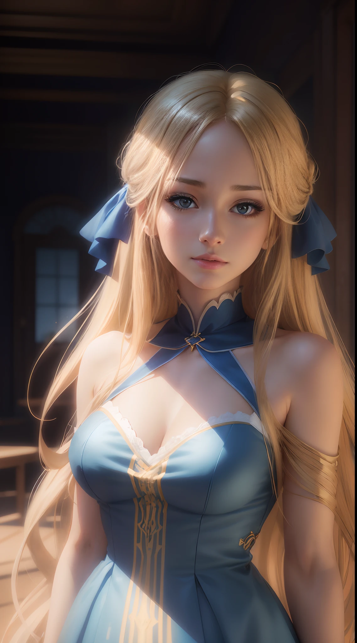 blond woman with long hair and blue dress posing for a picture, realistic anime artstyle, photorealistic anime girl render, smooth anime cg art, anime realism style, realistic artstyle, realistic young anime girl, gorgeous digital painting, realistic anime 3 d style, beautiful anime portrait, realistic anime art style, closeup character portrait, 3 d anime realistic, anime style portrait