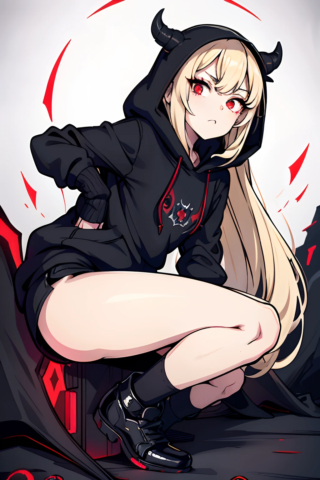 best quality, expressive eyes, perfect face, small shorts, sleek legs, black hoodie, hood over head, hood raised, long blonde hair, glowing eyes, red eyes, side glance, hands in pockets, gothic sweater, goth, demon, demonic, demon-like features, beautiful face, crazed eyes, Yandere, insane