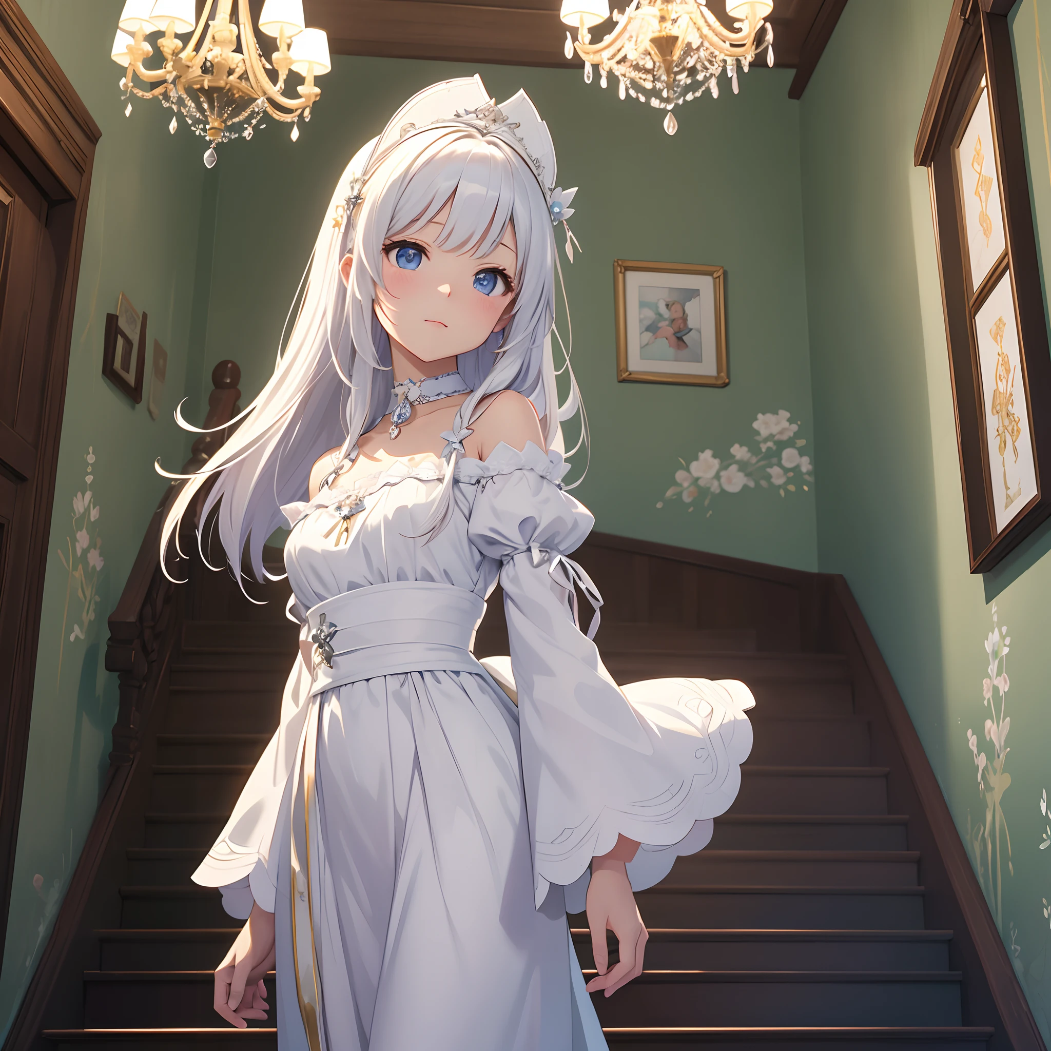 (masterpiece), 1girl, white dress, (white, pale face), (radiant, bright, reflection, deep green eyes), (limited color palette, 2 shades of color), ((high contrast image)), simplicity