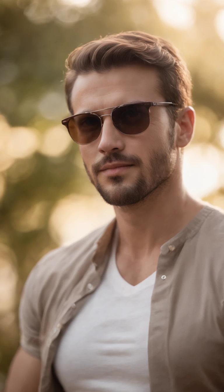 ( 8k, premiados, best quality), High definition, Super Detalhe, alto detalhamento, anatomicamente correto, Perfect illustration, homem branco, 32 anos, Six feet, em breve, sun glasses, barba marrom gariem brevei, musculoso, gordura, Rindo