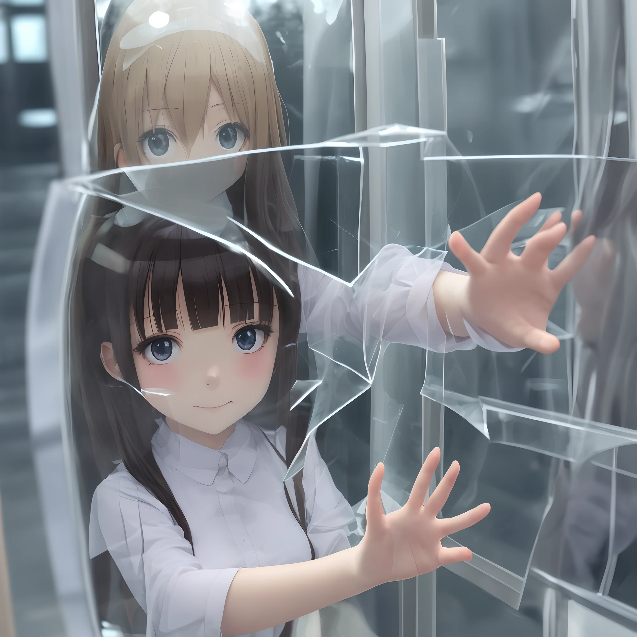 Cute anime girl pressed flat against glass