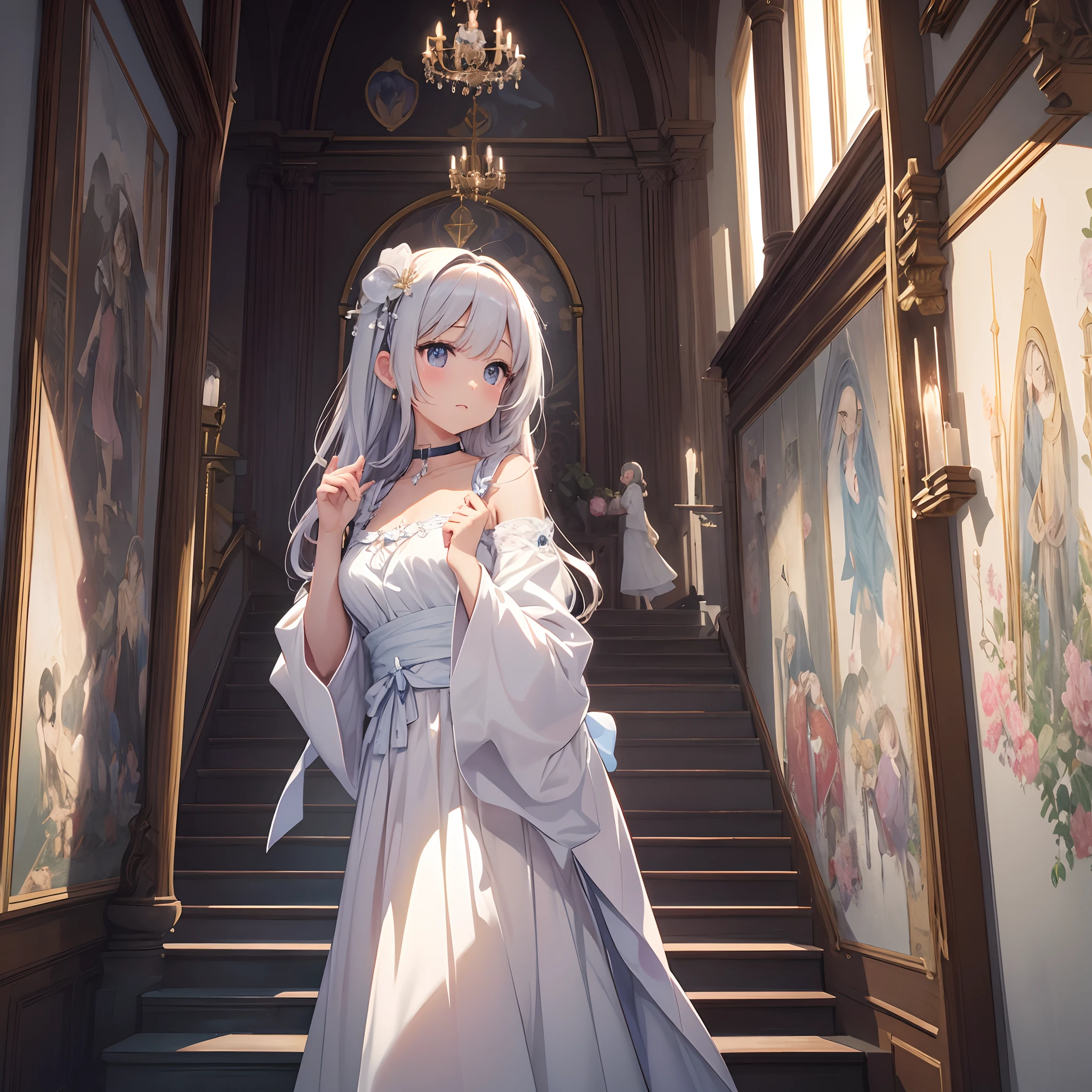 Professional animation quality、masterpiece、hightquality、Saturation coloring、2D、独奏、Kawaii Girl、with round face、Marume、White Palace、Wall with artistic murals、Light air、Darken the surroundings、pleasing face、Cute neck choker in white、Realistic fabric style、Sacred garments、hero、heroes、The brave、、Saint Mansion、Old-fashioned staircase、White chandelier、Shining Image、White Fantasy、House of Paradise、