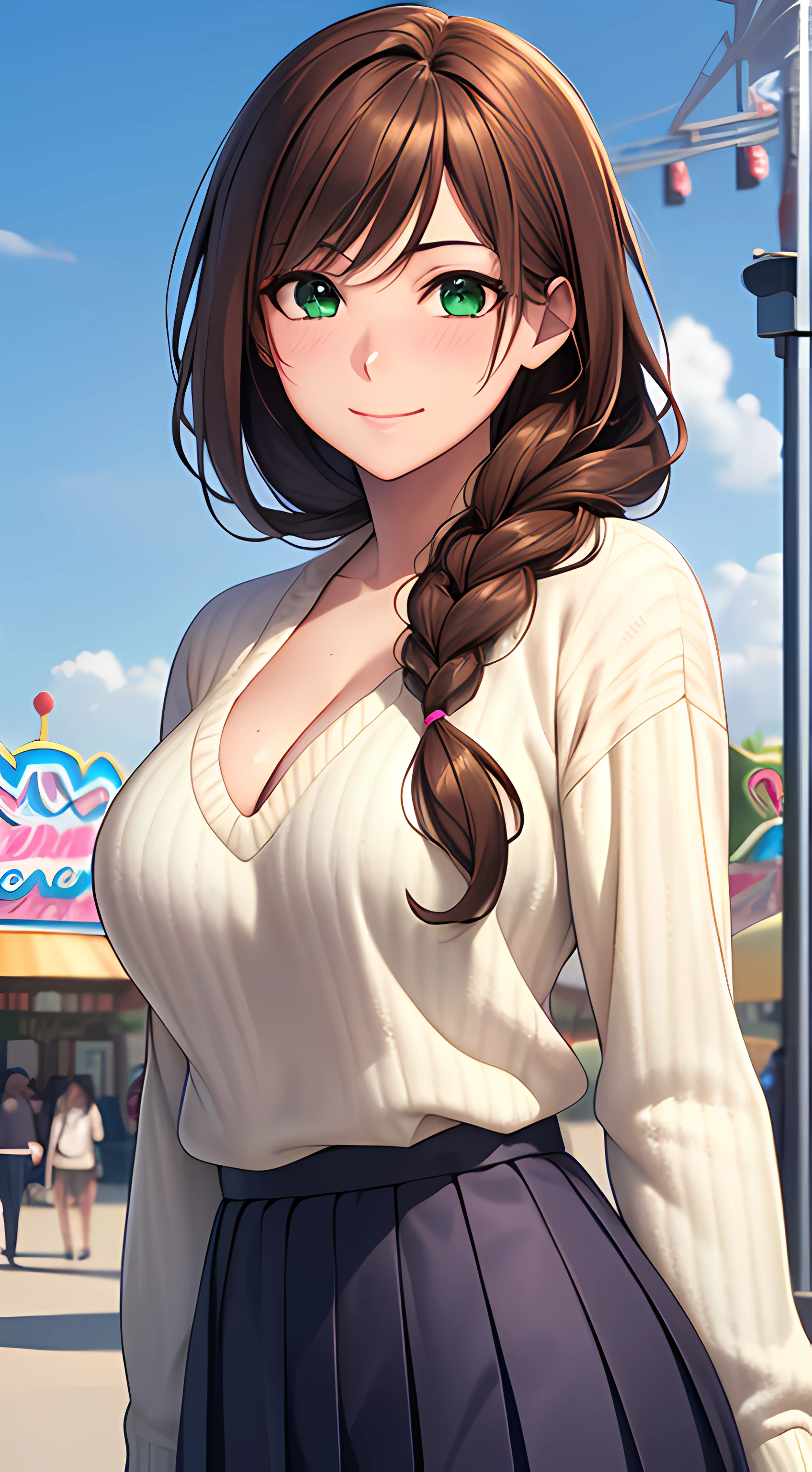 ((masterpiece, best quality, highres, UHD, perfect pixel, depth of field, 4k, RTX, HDR, extremely detailed)), 1girl, single, solo, 24 years old, beautiful anime girl, beautiful art style, anime character, smile, beautiful smile, ((long hair, braided half up half down, brown hair)), (green eyes:1.4, rounded eyes, beautiful eyelashes, realistic eyes, extremely detailed pupil), (detailed face, blushing:1.2), (smooth texture:0.75, realistic texture:0.65, photorealistic:1.2, cinematic, anime CG style), medium breasts, cleavage, perfect body, busty, dynamic angle, ((white sweater, long sleeve, long pleated skirt)), amusement park, outdoor, crowd, wind blows, (graceful, prestigious, glorious, elegant)