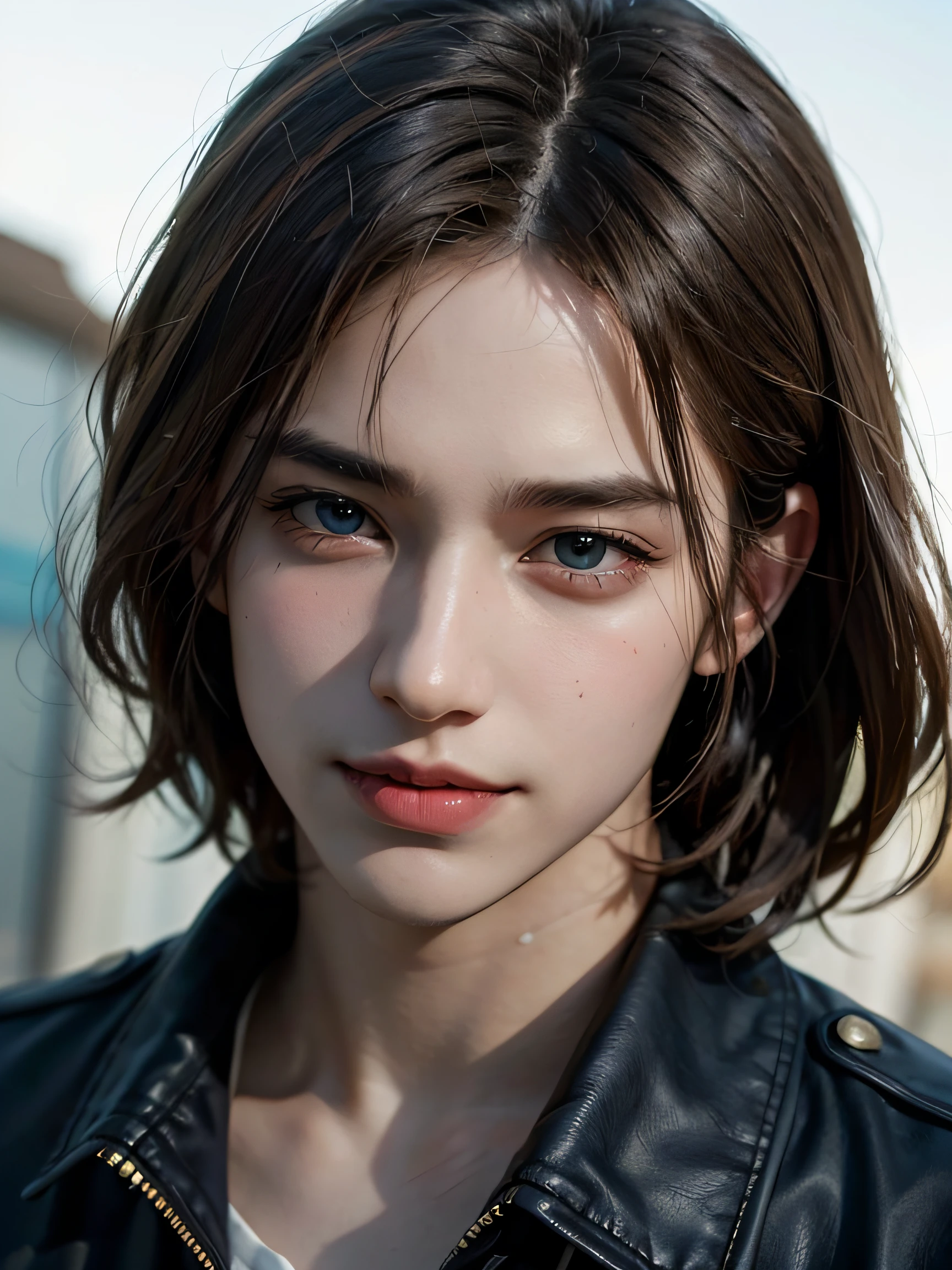 1boy, 17 yr old, teenaged, Light-brown hair, azure blue big eyes, Solo Focus Teen Facial, white shirt, a handsome, Smiling, Realistic, The dynamic pose is realistic, Detailed and correct facial structure, Leon S. Kennedy, a handsome, Extremely detailed, Dynamic Angle, cowboyshot, The Most Beautiful Shape, elegant, bright colours, romanticism, James Jean, roby dwi antono, by Ross Tran, francis bacon, michal mraz, adrian ghenie, petra cortright, gerhard richter, takato yamamoto, ashley wood, atmospheric