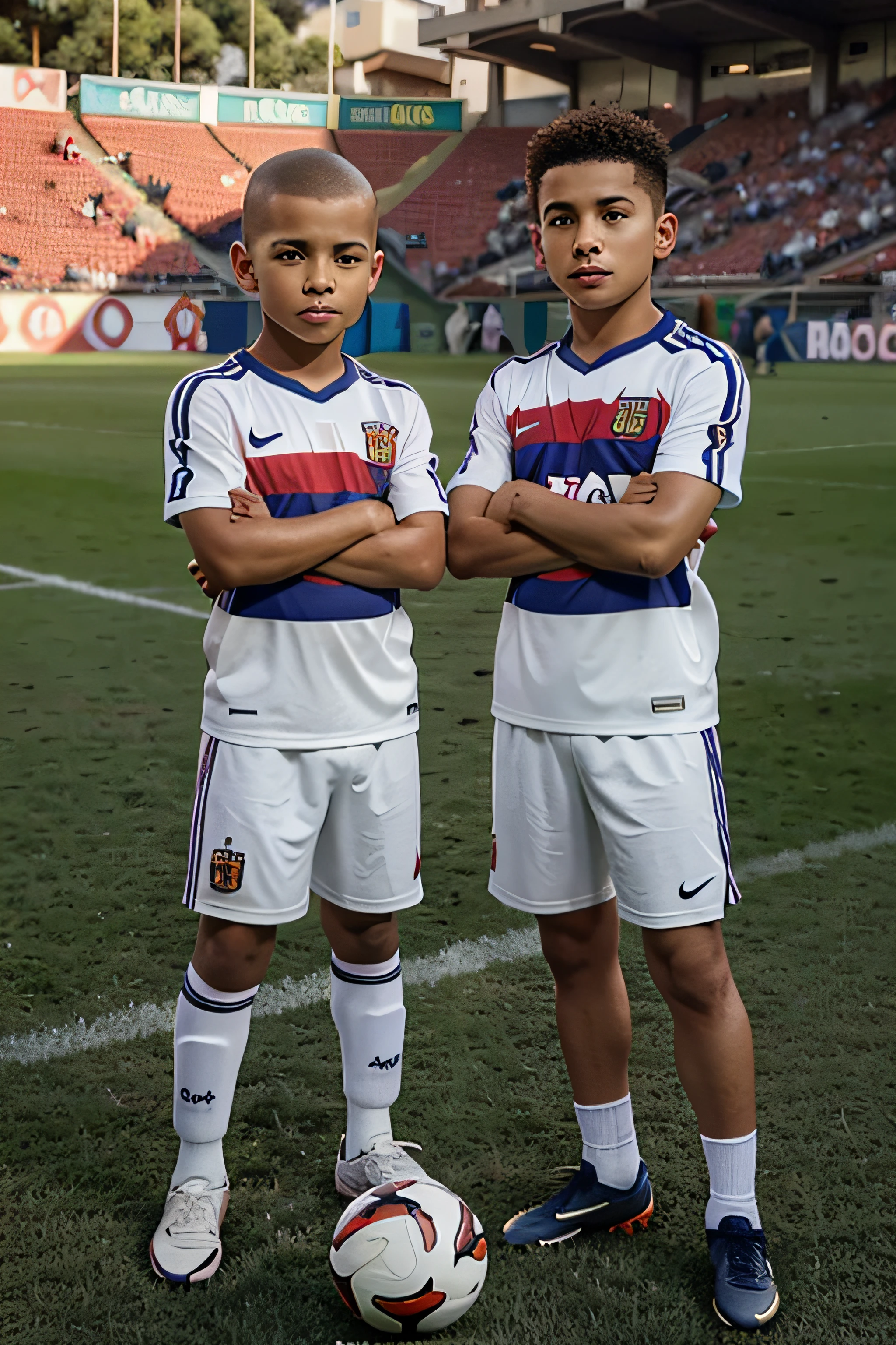 A 13 year old two boys standing ina football turf and wearing football kit and wearing yellow jersy back look of first boy jersey name keshav and number 2 and second boy jersey name ashutosh and number 15 and the first boy keeping hand on second boy